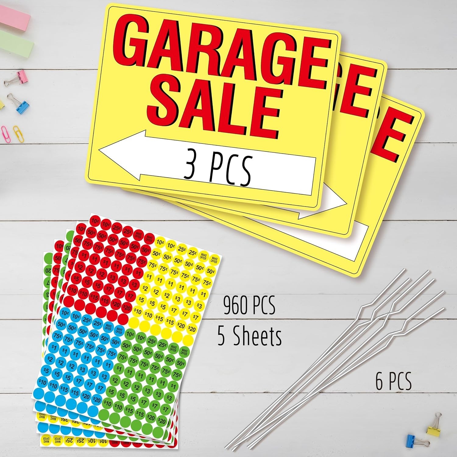 Value Pack: 3 Double-Sided Outdoor Garage Sale Signs with Metal Stakes & Labels