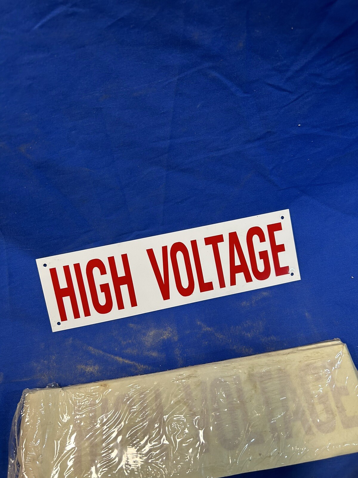 Nos Vintage Double sided white and red High voltage tin sign 12&Prime; x 3.5&Prime;