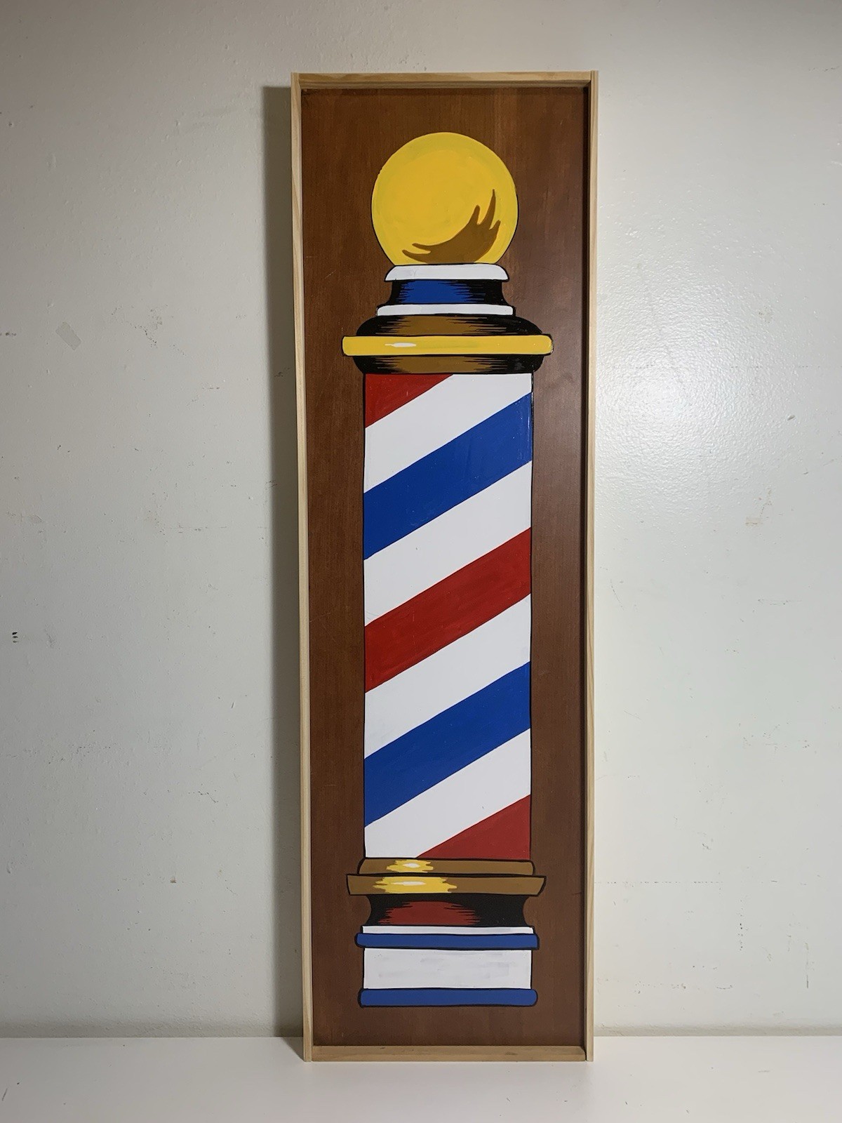 Original Framed Painting of Vintage Antique Barber Pole Hand Painted Shop Sign