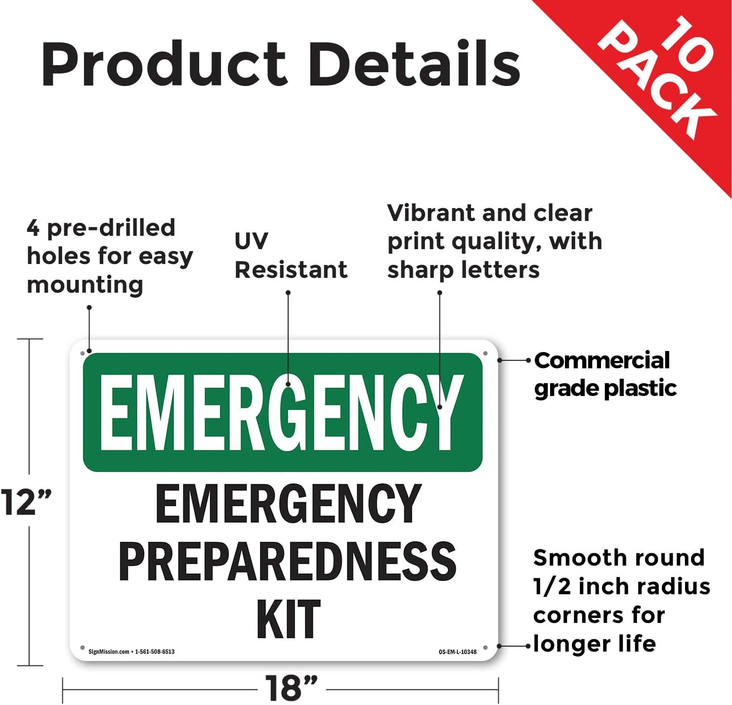 Preparedness Kit OSHA Emergency Rigid Plastic Sign 18 Inch X 12 Inch – 10 Pack
