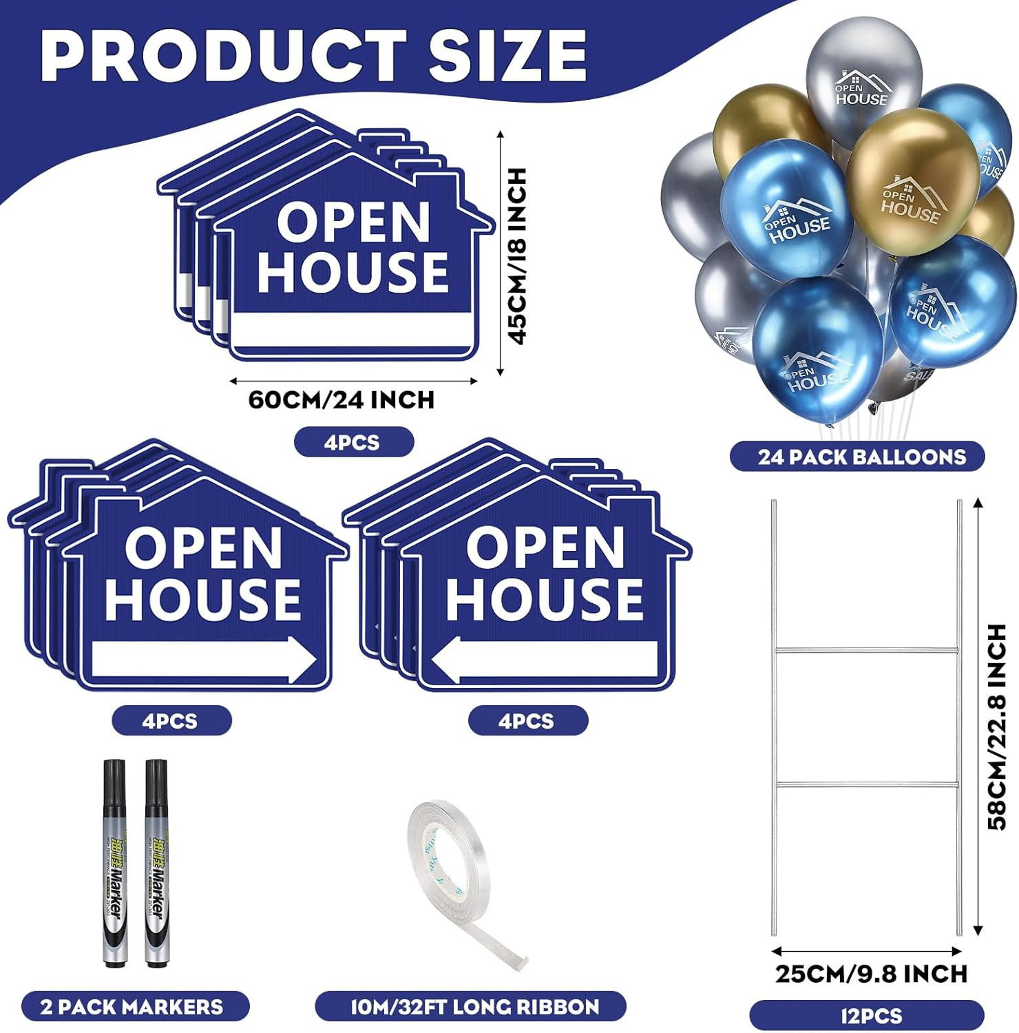 63 Pcs Open House Signs with Stakes & Balloons – Double Sided Yard Signs