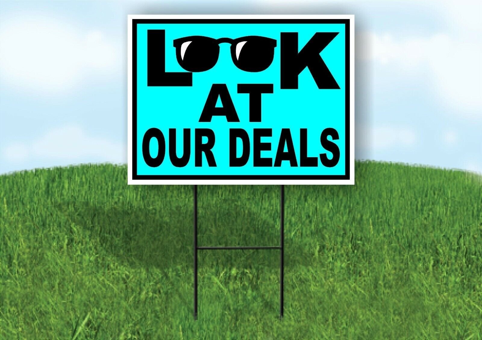 LOOK AT OUR DEALS BLUE BLACK Yard Sign with Stand LAWN SIGN