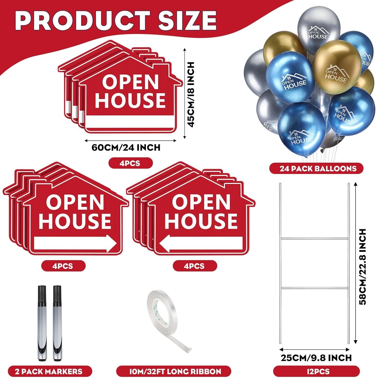 12-Pack Open House Signs with 24 Metallic Balloons – Easy Setup