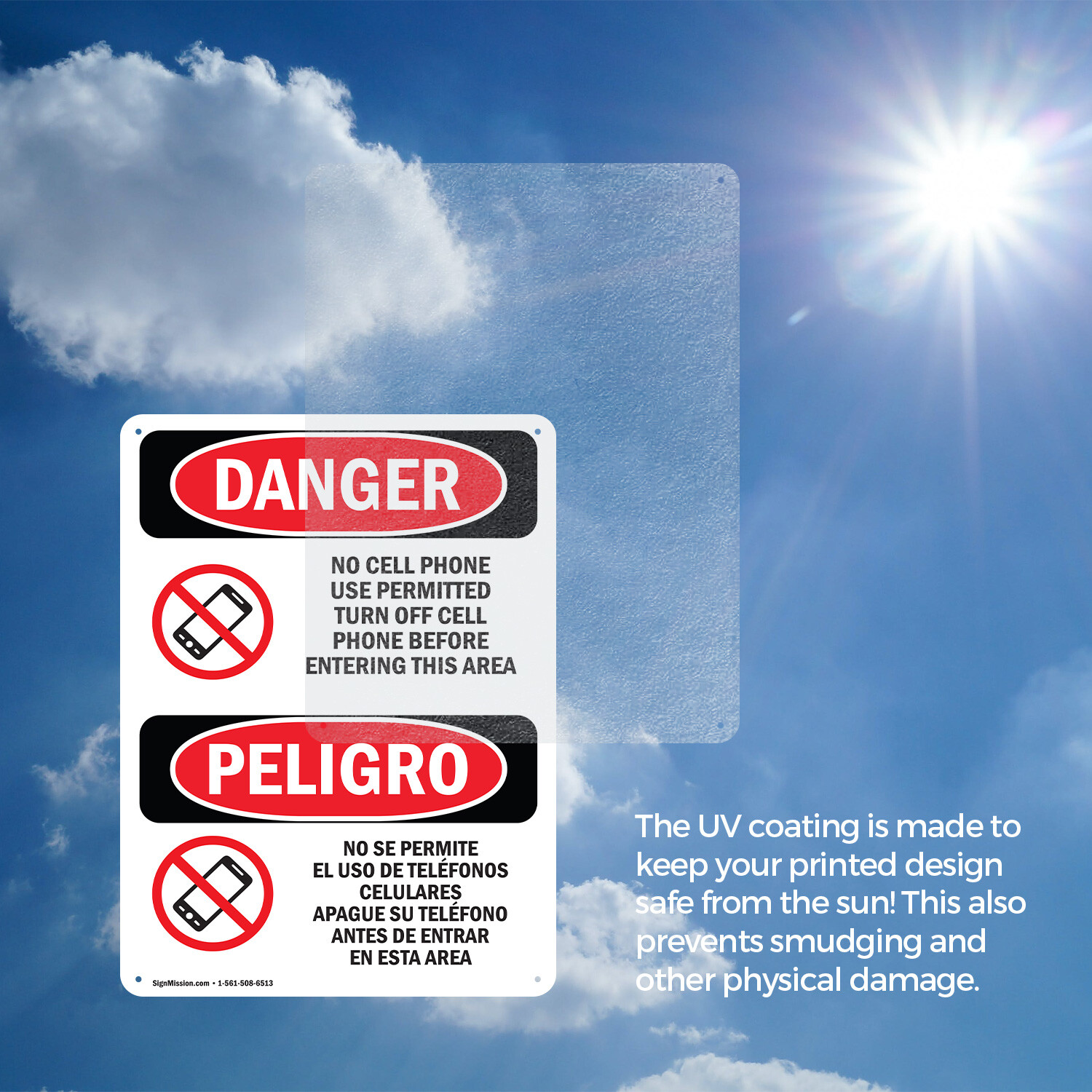 (2 Pack) No Cell Phone Use In Area Bilingual OSHA Danger Sign Decal Metal