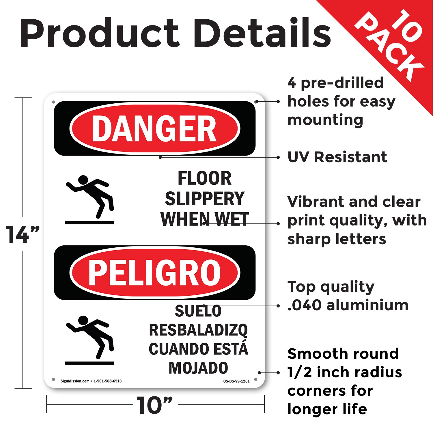 Floor Slippery When Wet Bilingual OSHA Danger Sign Metal, Decal – 5 or 10 Pack