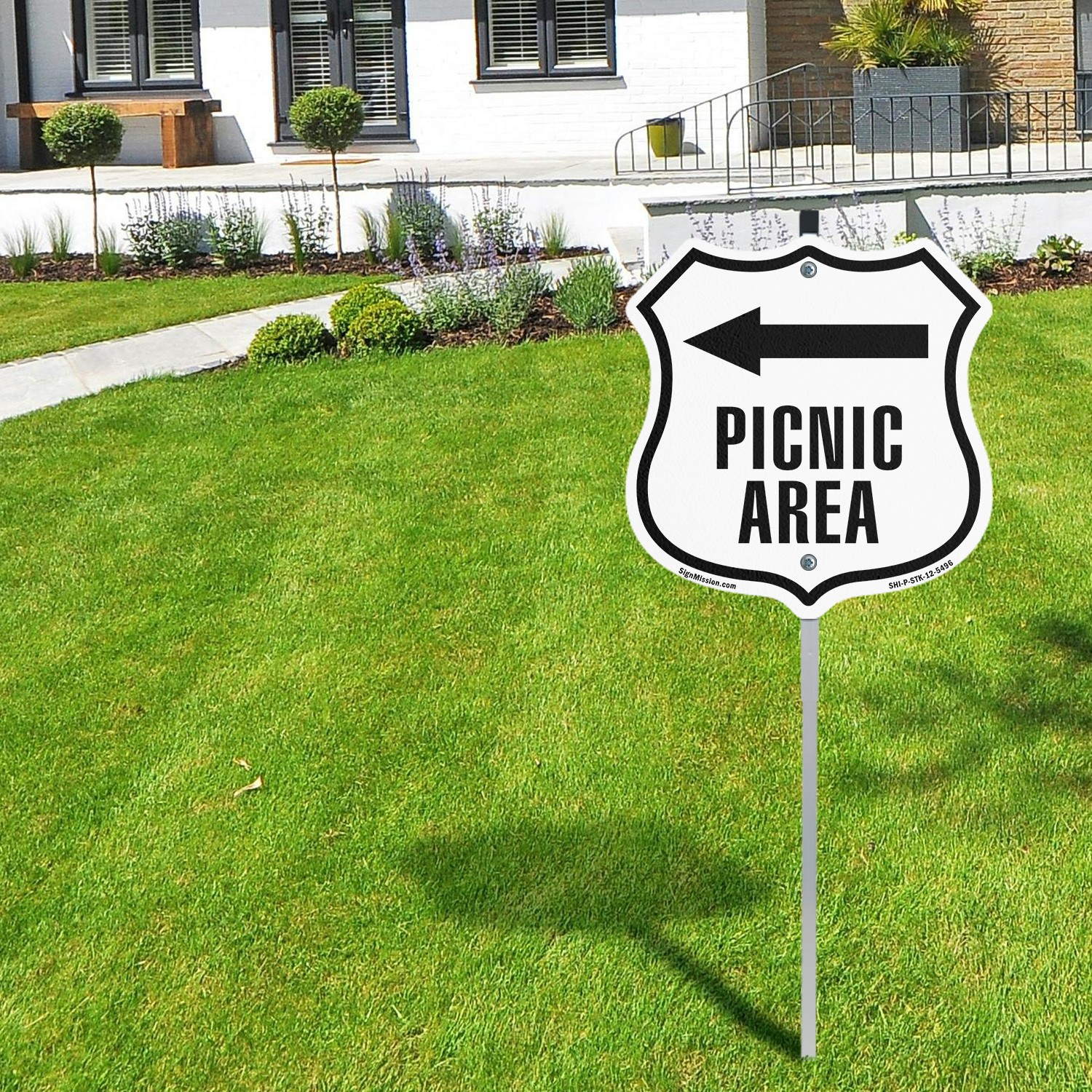 Picnic Area Left Shield Shaped Sign With Stake Crafted in the USA