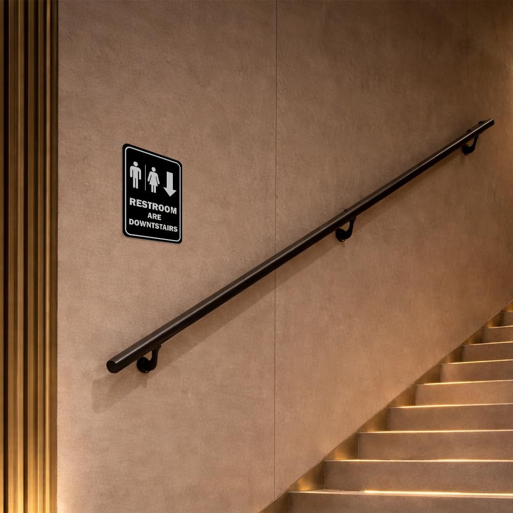 Portrait Round Restrooms Are Downstairs Sign Black Large Wall Mount Display