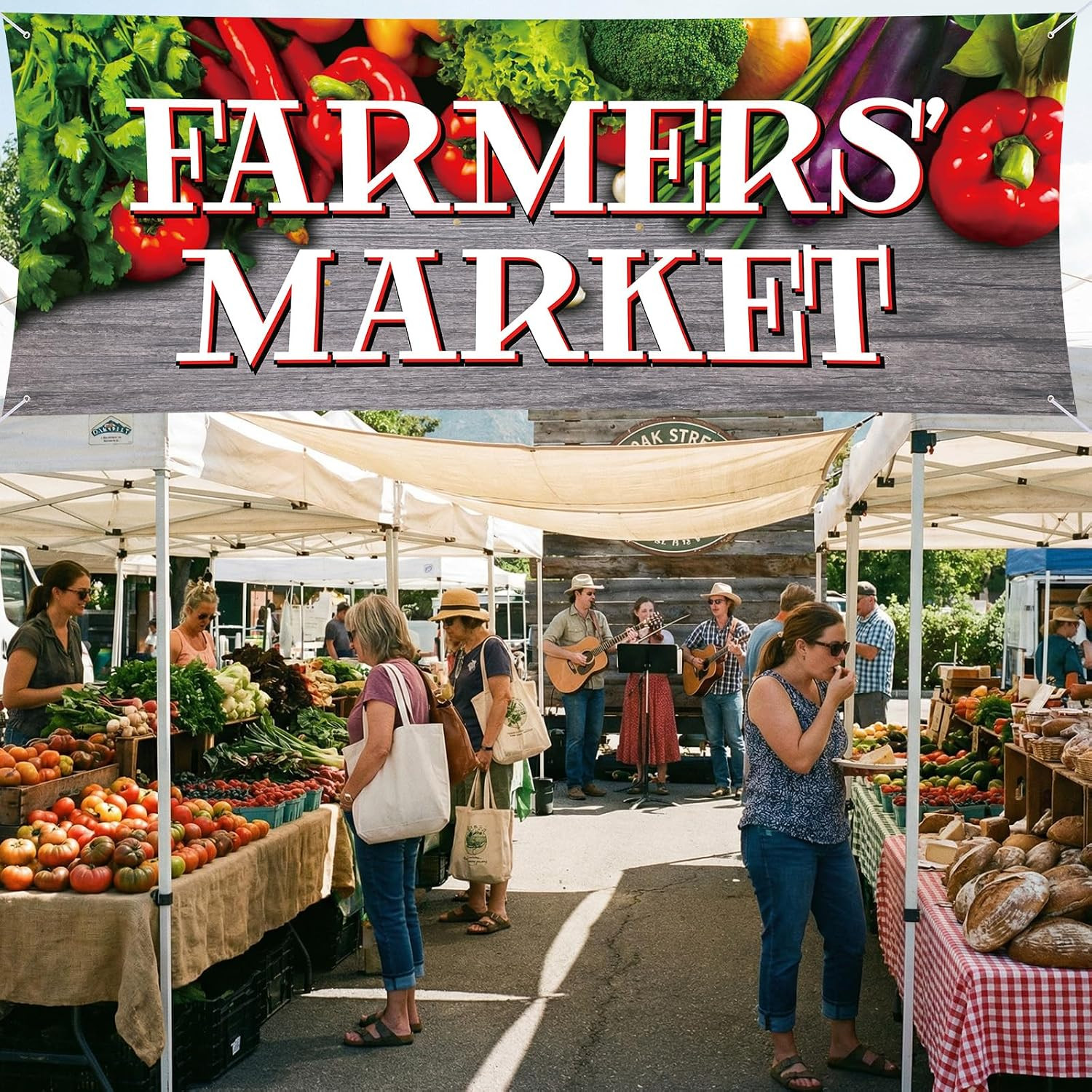 3X8 Ft Farmers&rsquo; Market Polyester Banner Sign with 4 Holes 1 Ribbon for Easy Hang