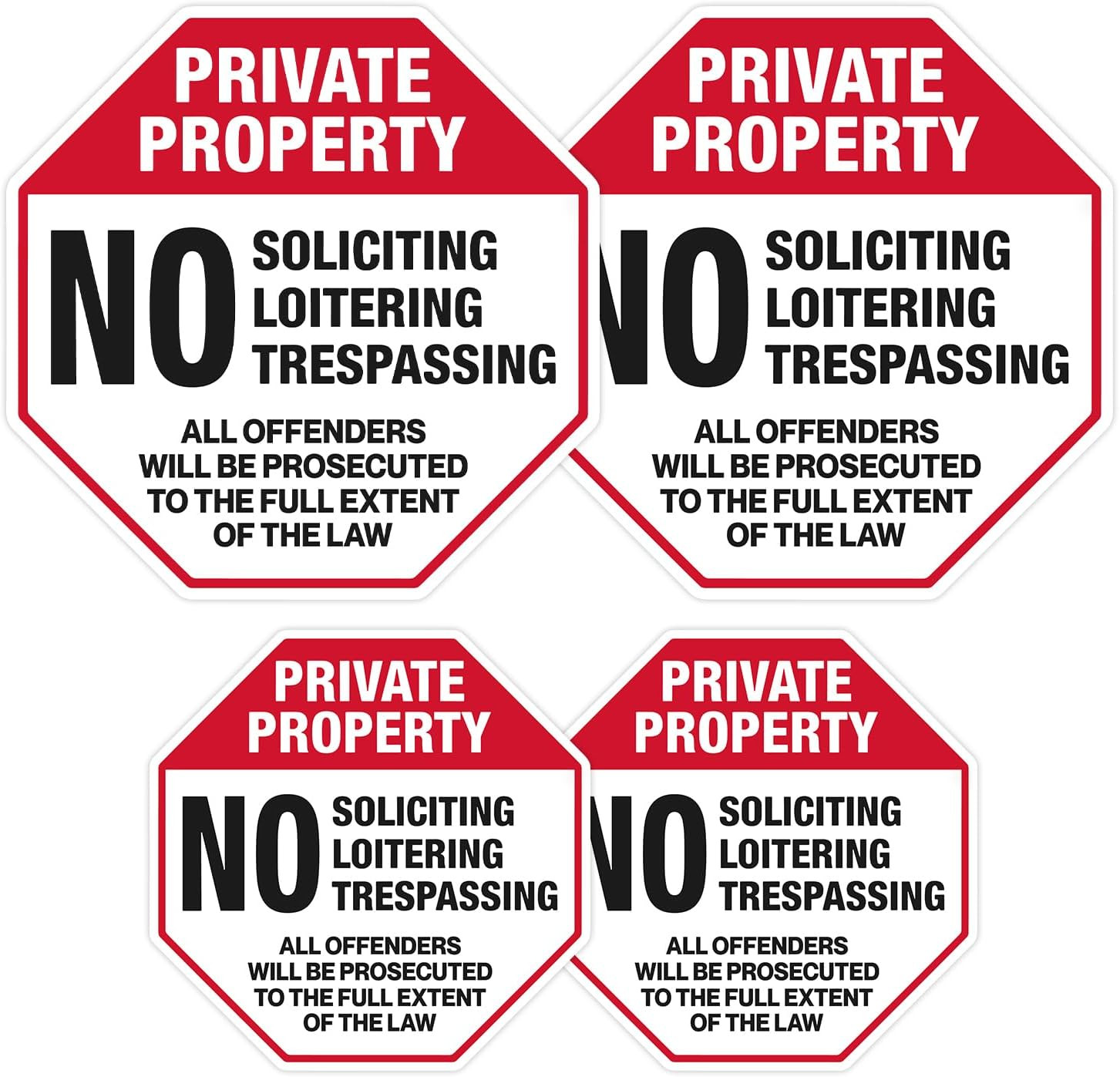 | (4 Pcs) Private Property No Trespassing Stickers – Two Sizes 4&Prime;x4&Prime; & Two 2.75&Prime;