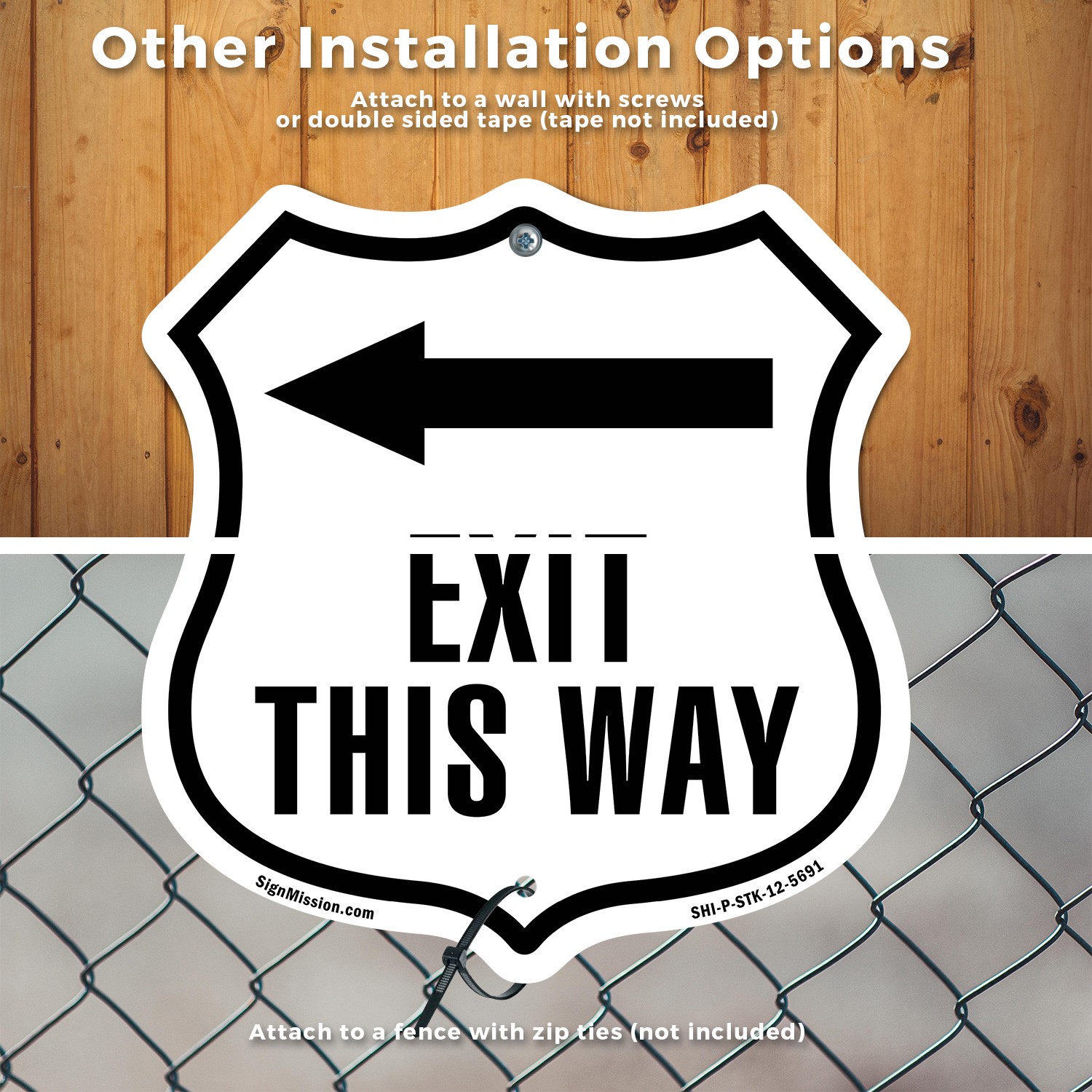 Exit This Way Left Shield Shaped Sign With Stake Crafted in the USA
