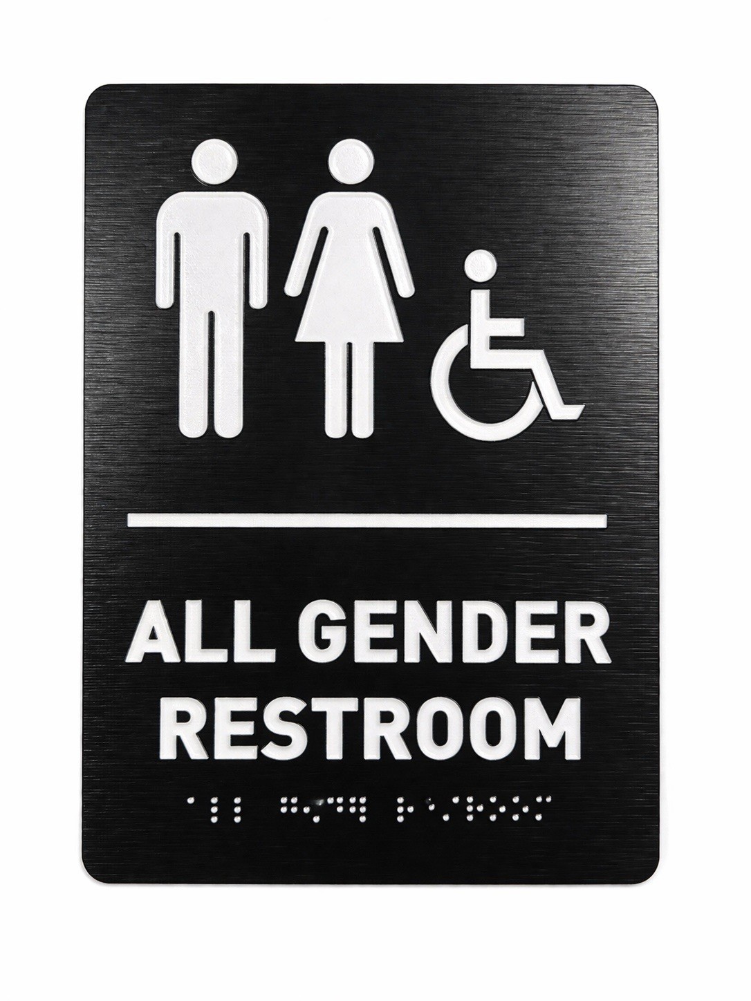 All Gender Restroom ADA Sign w/ Braille Brushed Aluminum 6×9 Black Peel & Stick