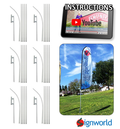 16&prime; TALL SLEEVE SWOOPER FLAG POLE KIT W/ Spike Flutter Feather Banner 6 PCS