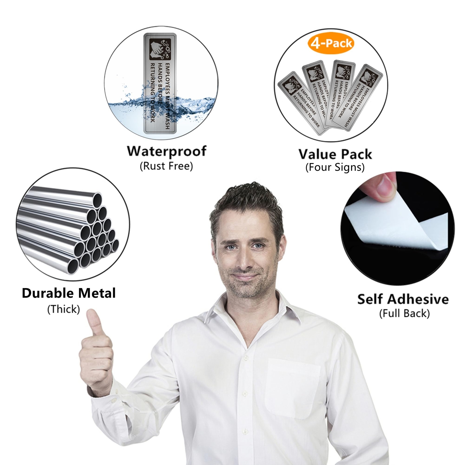 (4 Pack) Employees Must Wash Hands Sign Self-Adhesive Metal Signage for Bath