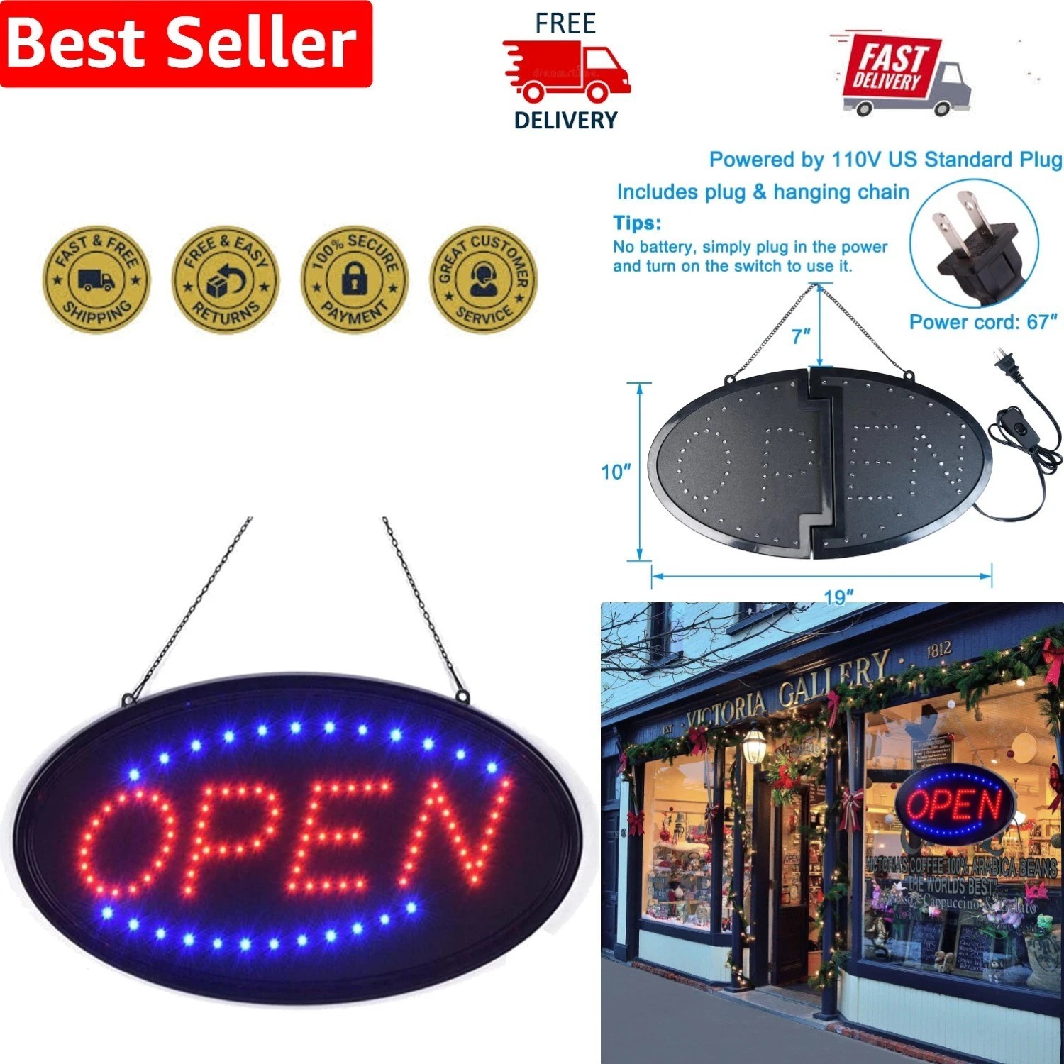 Attract Customers with 19&Prime; x 10&Prime; LED Open Sign – Wall-Mountable, Stylish Design