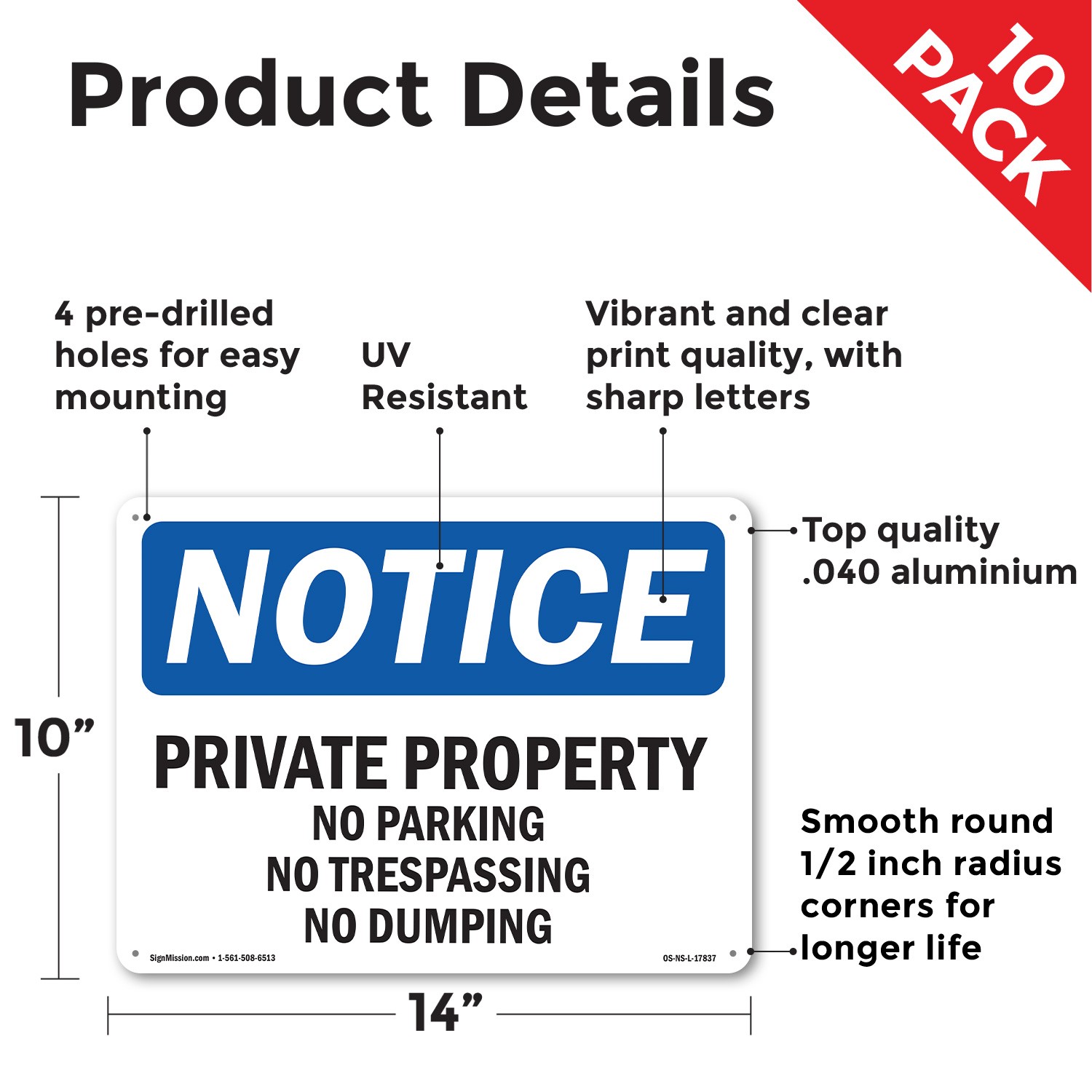Private Property No Parking No Trespassing OSHA Notice Sign, Decal 5 or 10 Pack