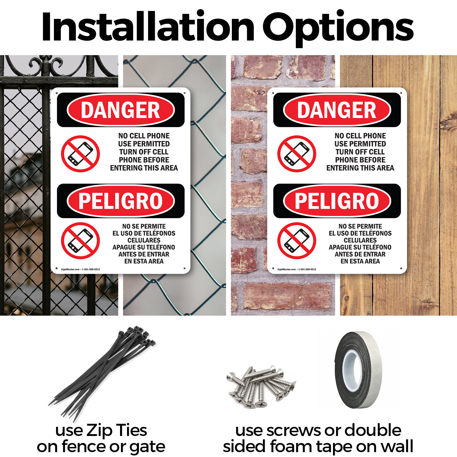 (2 Pack) No Cell Phone Use In Area Bilingual OSHA Danger Sign Decal Metal