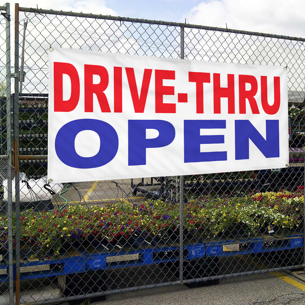 Vinyl Banner Multiple Sizes Drive-Thru Open Red Blue Business Now Open Outdoor