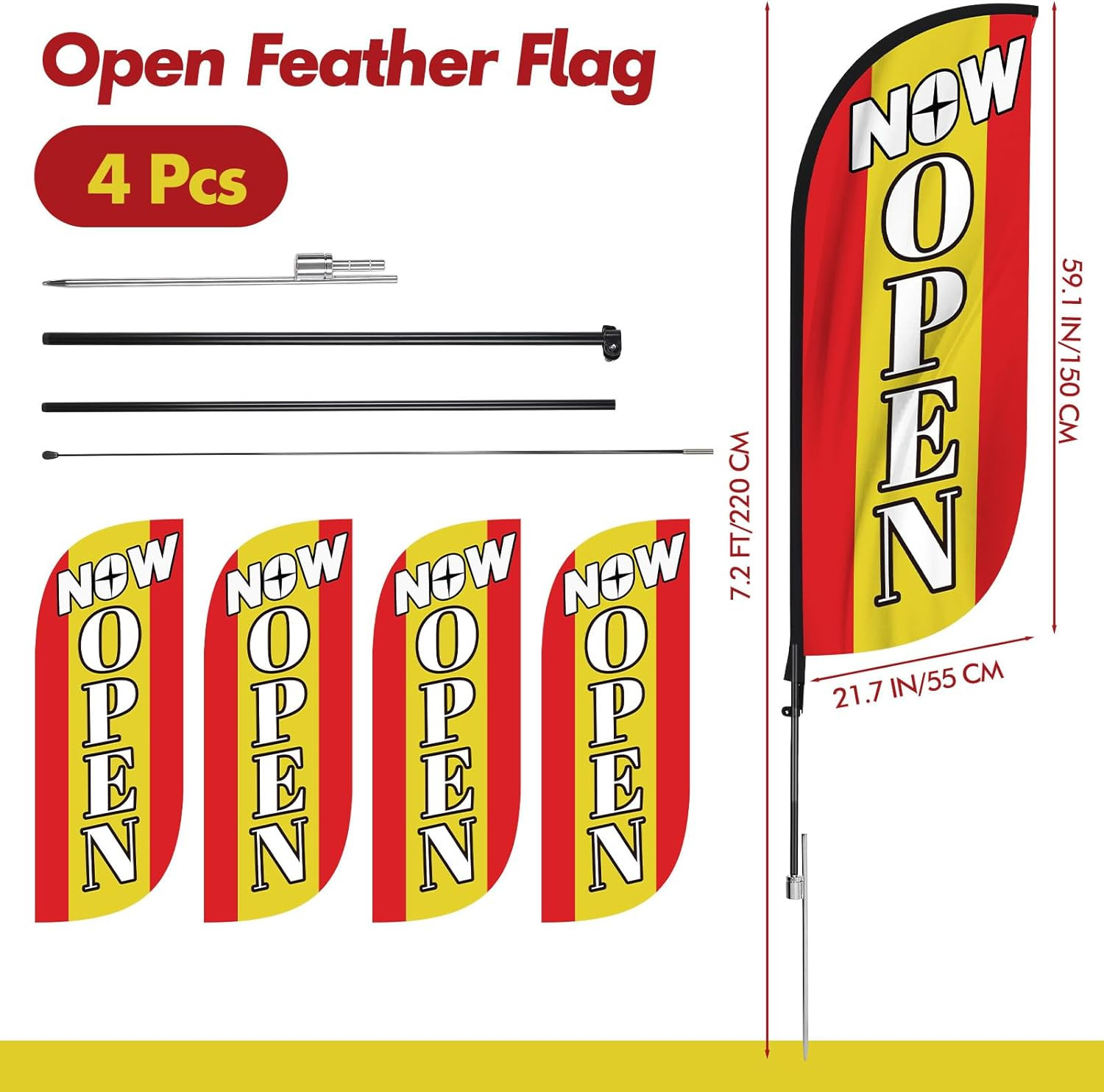 7.2 Ft Open Feather Flag Kit – 4 Sets for Business Grand Opening (Red)