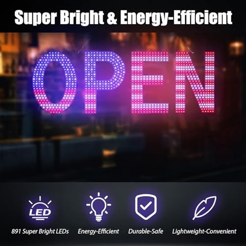 Large LED Open Sign for Business – 40&Prime;x14&Prime; Ultra Bright Light, 3 Modes, US Flag