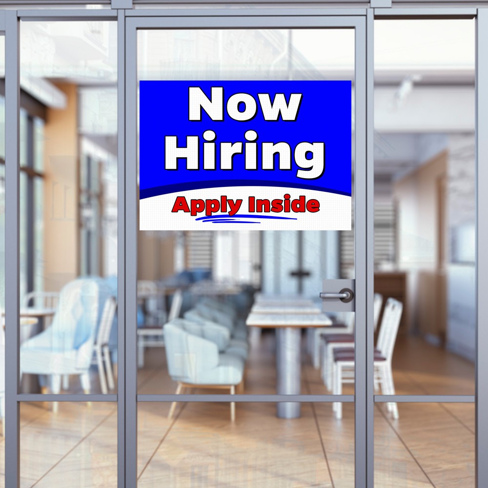 Now Hiring Apply Inside 32&Prime; x 24&Prime; Perforated Removable Window Decal (Made in The