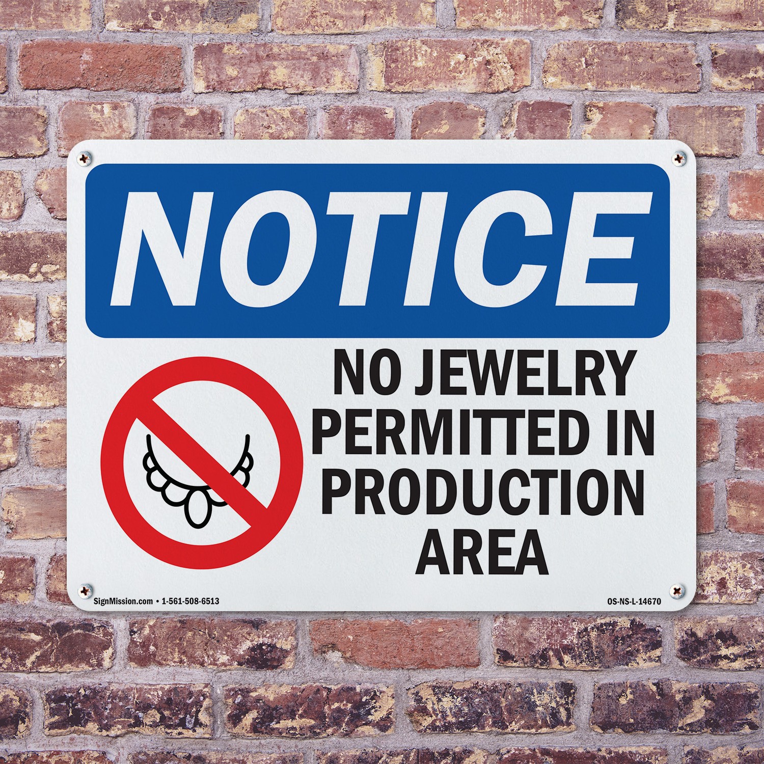 No Jewelry Permitted In Production OSHA Notice Sign Metal, Decal – 5 or 10 Pack