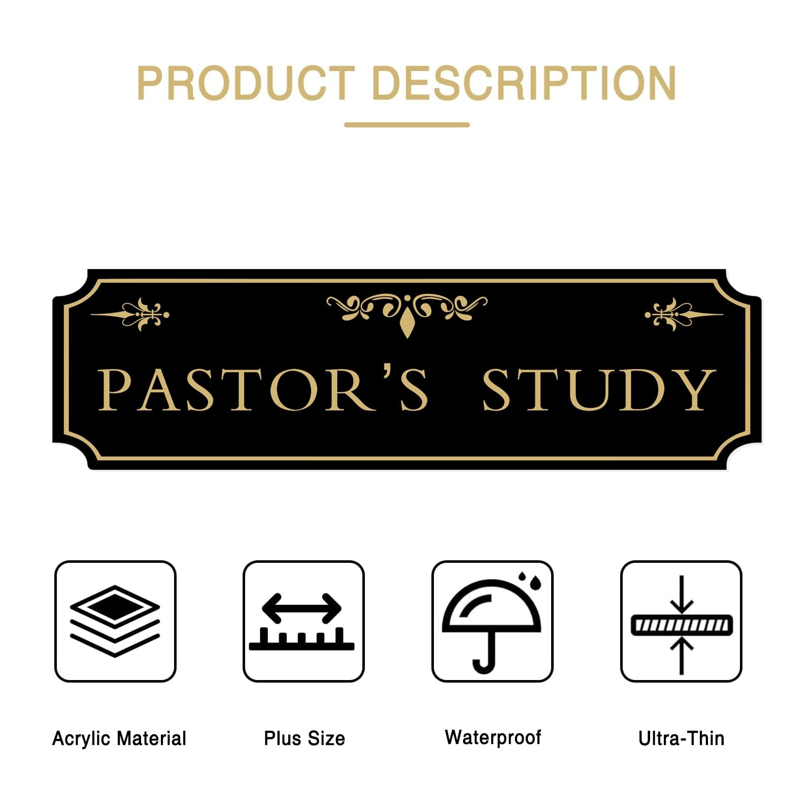 Pastor&rsquo;s Study Sign Door Black Gold Acrylic Plaque 12.5×4.45 Inch Decor