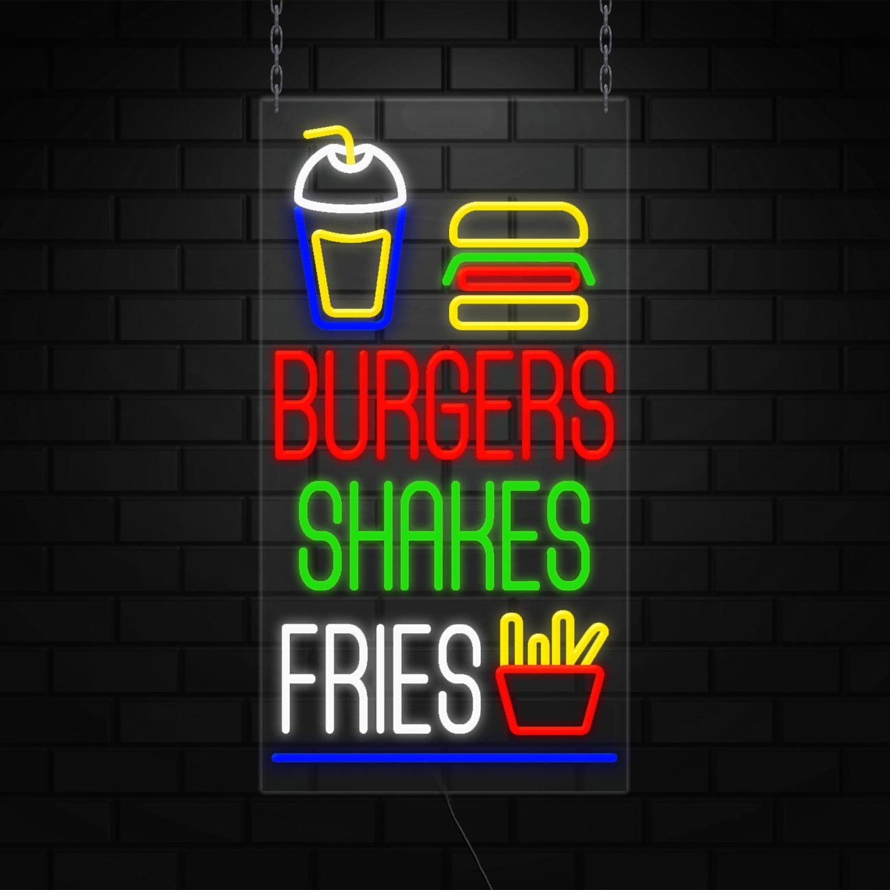 Burgers Shakes Fries Sign for Window Display | LED Flex Neon | 20&Prime;W x 37&Prime; x 1&Prime;D