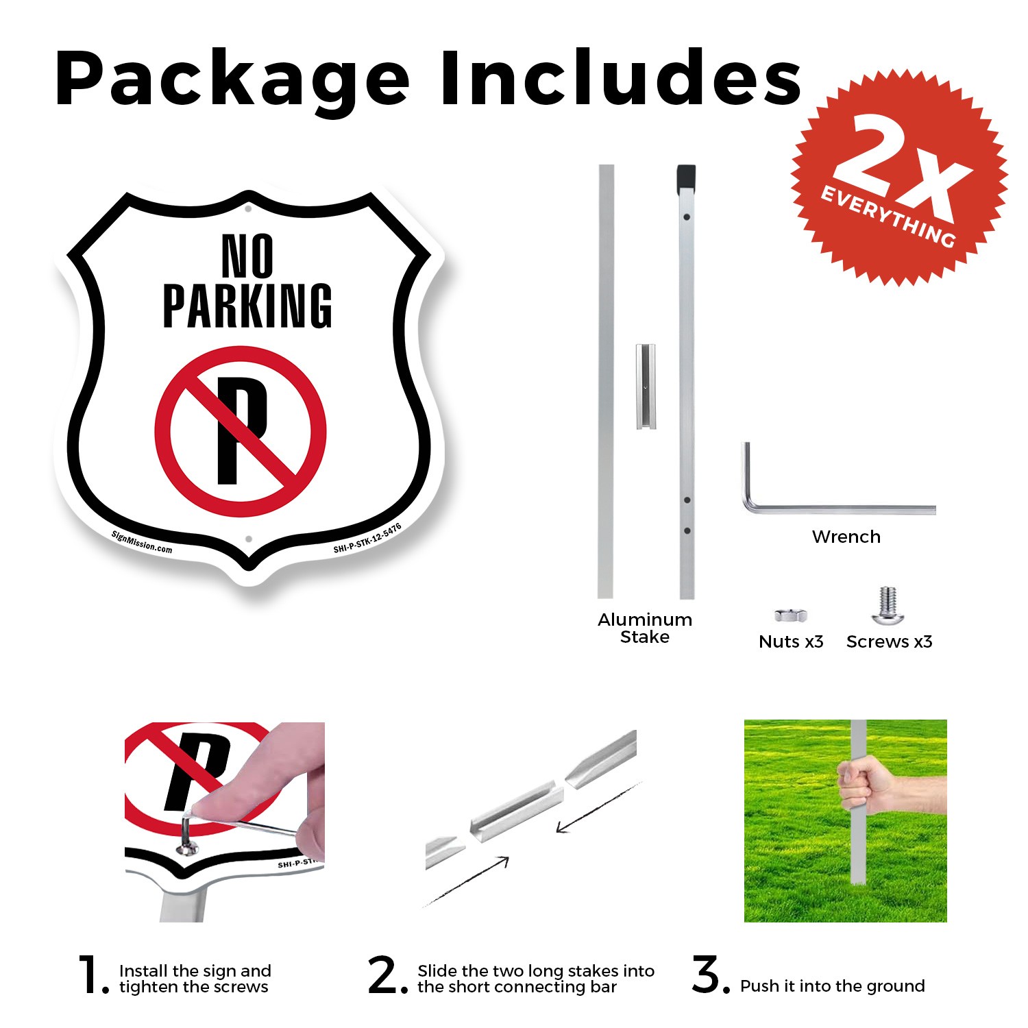 No Parking Shield Shaped Sign With Stake Weather Resistant Crafted in the USA