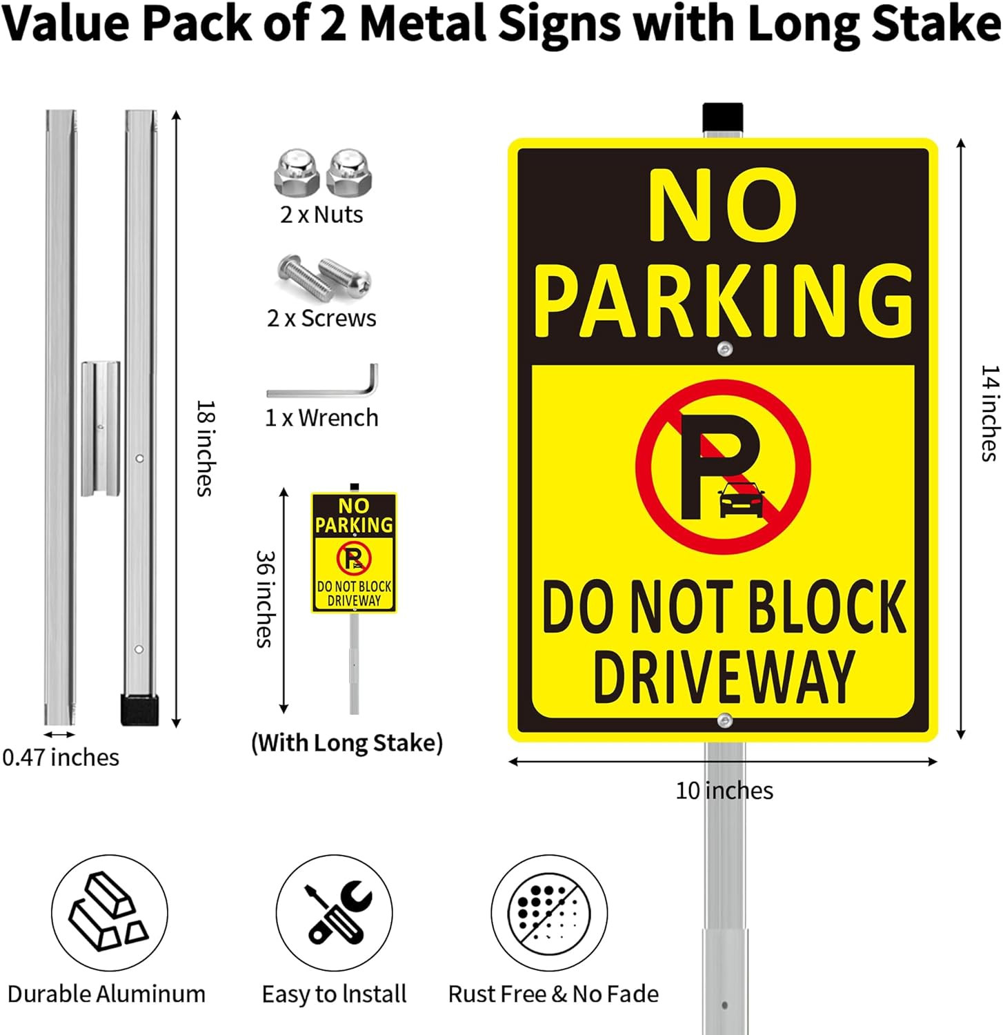 (2 Pack) No Parking Do Not Block Driveway Sign – 10X14 Inch Aluminum Metal No Pa