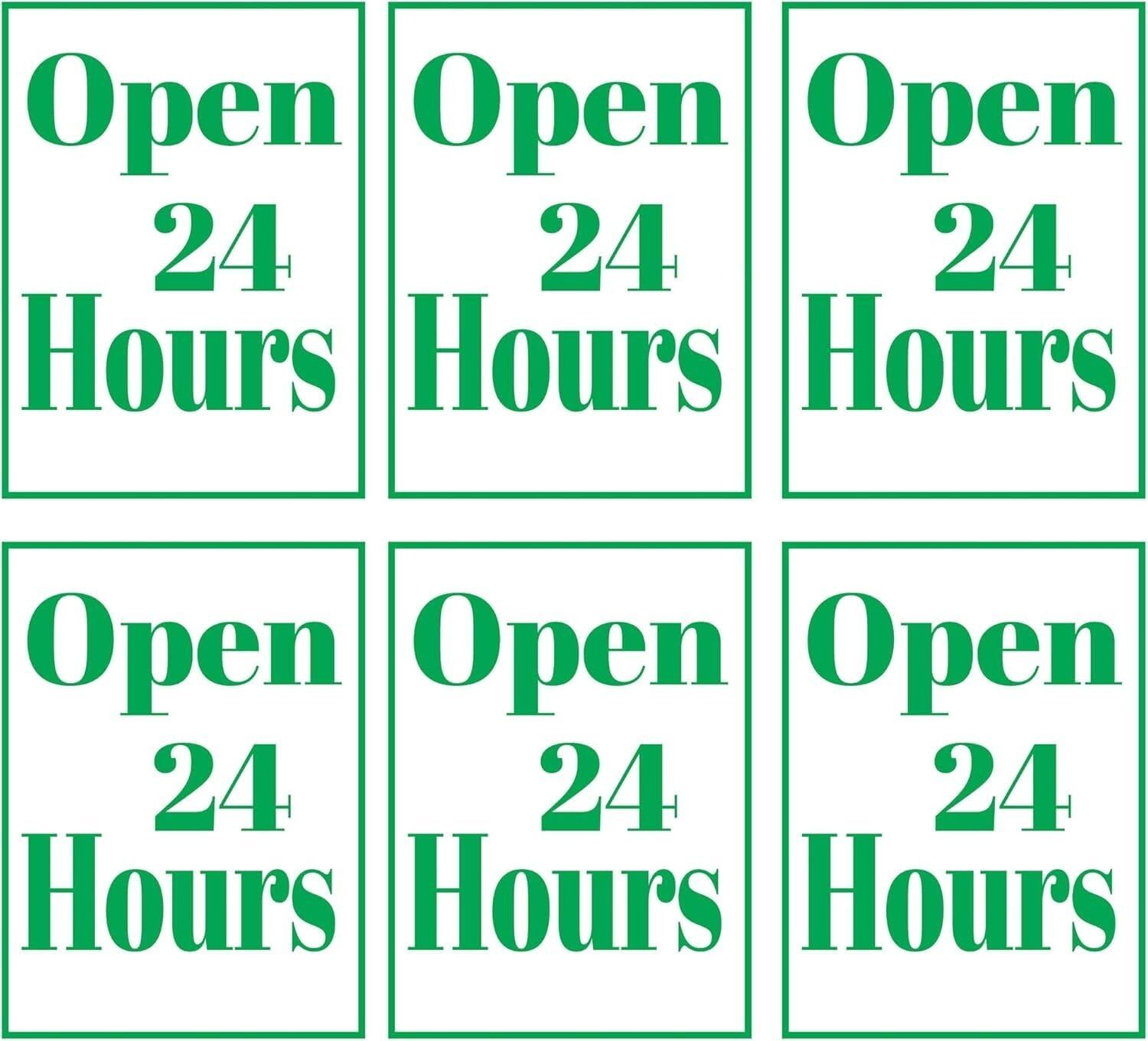 Open 24 Hours Retail Window Display Paper Signs | Pack of 6 | 18&Prime;w x 24&Prime;h