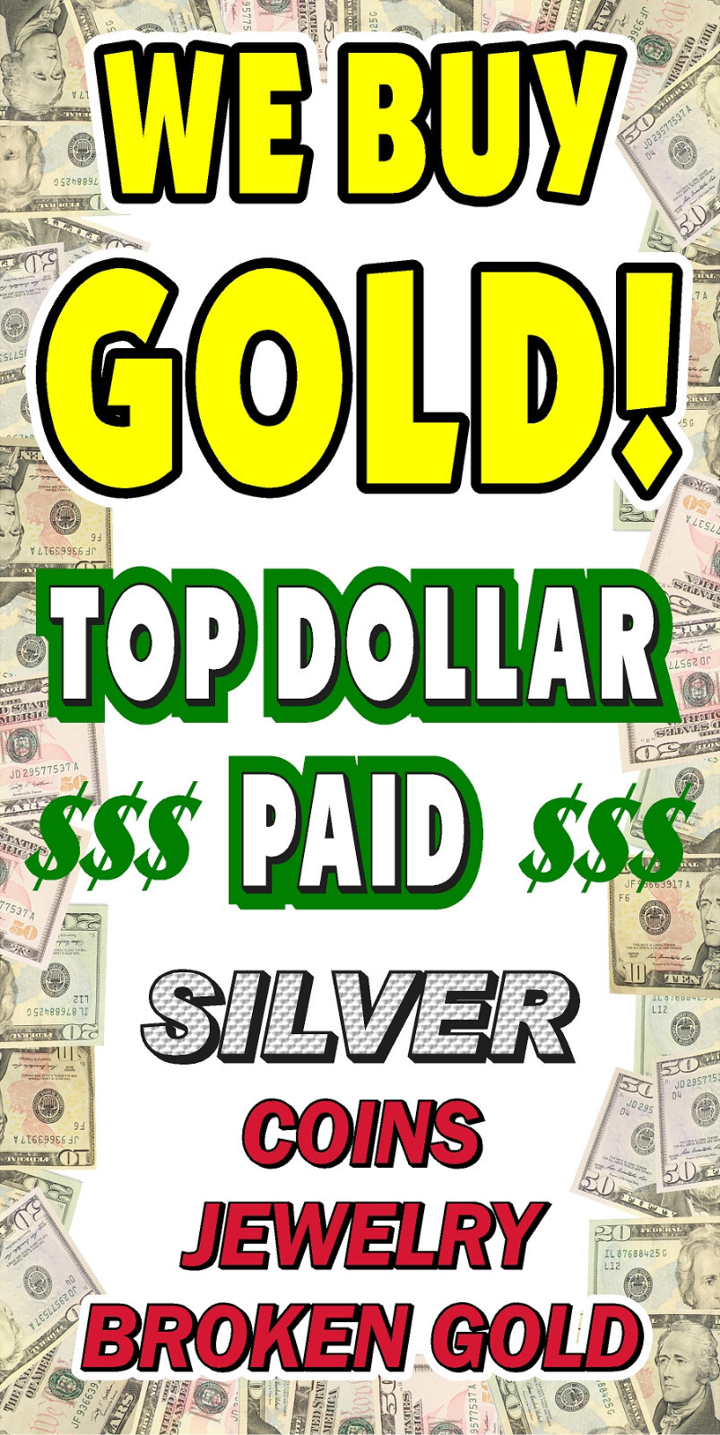 PERFORATED WINDOW DECAL PAWN SHOP CASH FOR GOLD NEW LOT OF 4 2&prime; X 4&prime; VERTICAL