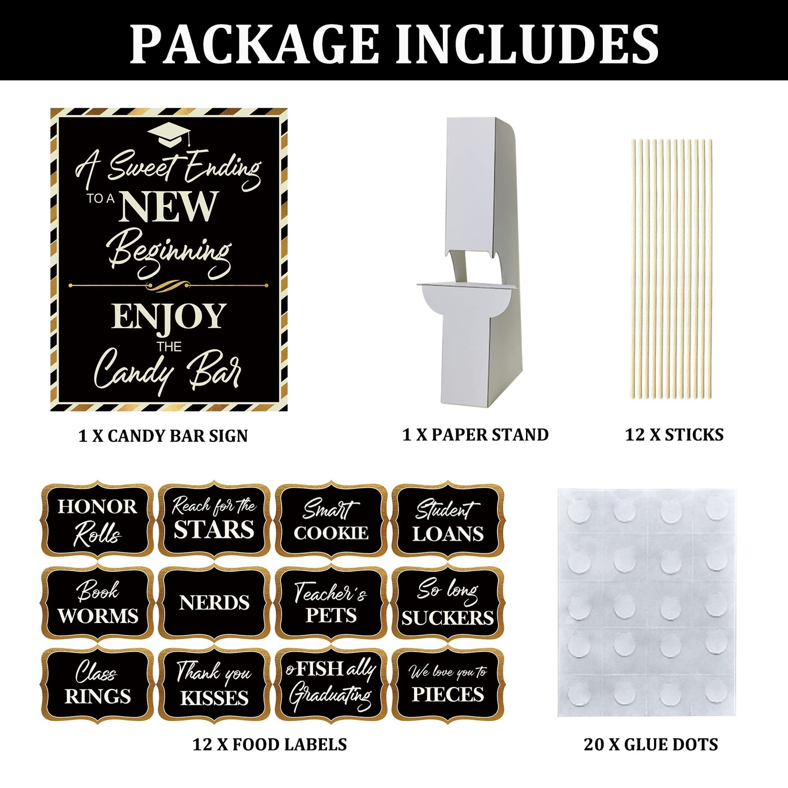 Graduation Candy Buffet Signs Black Gold Party Bar Dessert Food Decoration