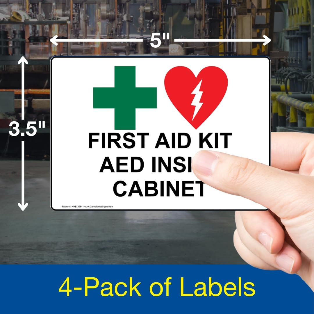 .com First Aid Kit AED Inside Cabinet Label Decal, 5×3.5 in. 4-Pack Vinyl for…