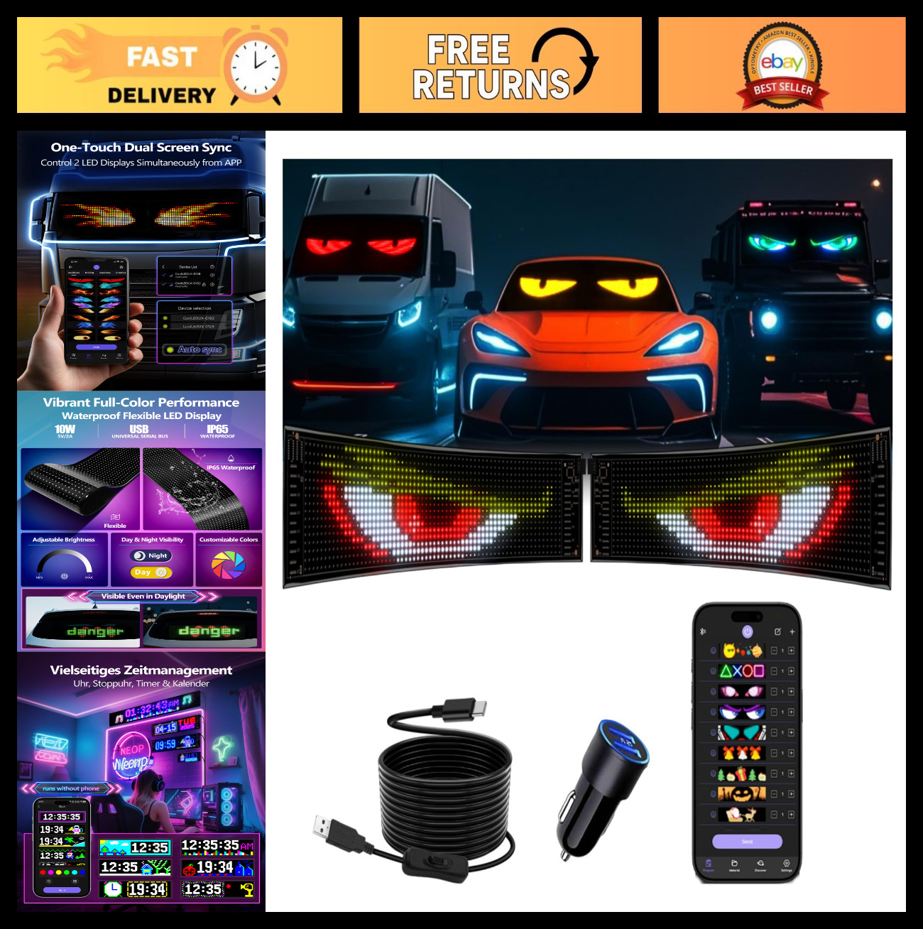 2PCS Programmable LED Devil Eyes for Cars – 19x5in Flexible Windshield Sign, Cus