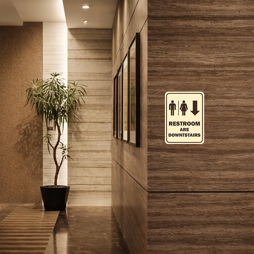 Portrait Round Restrooms Are Downstairs Sign Black Large Wall Mount Display