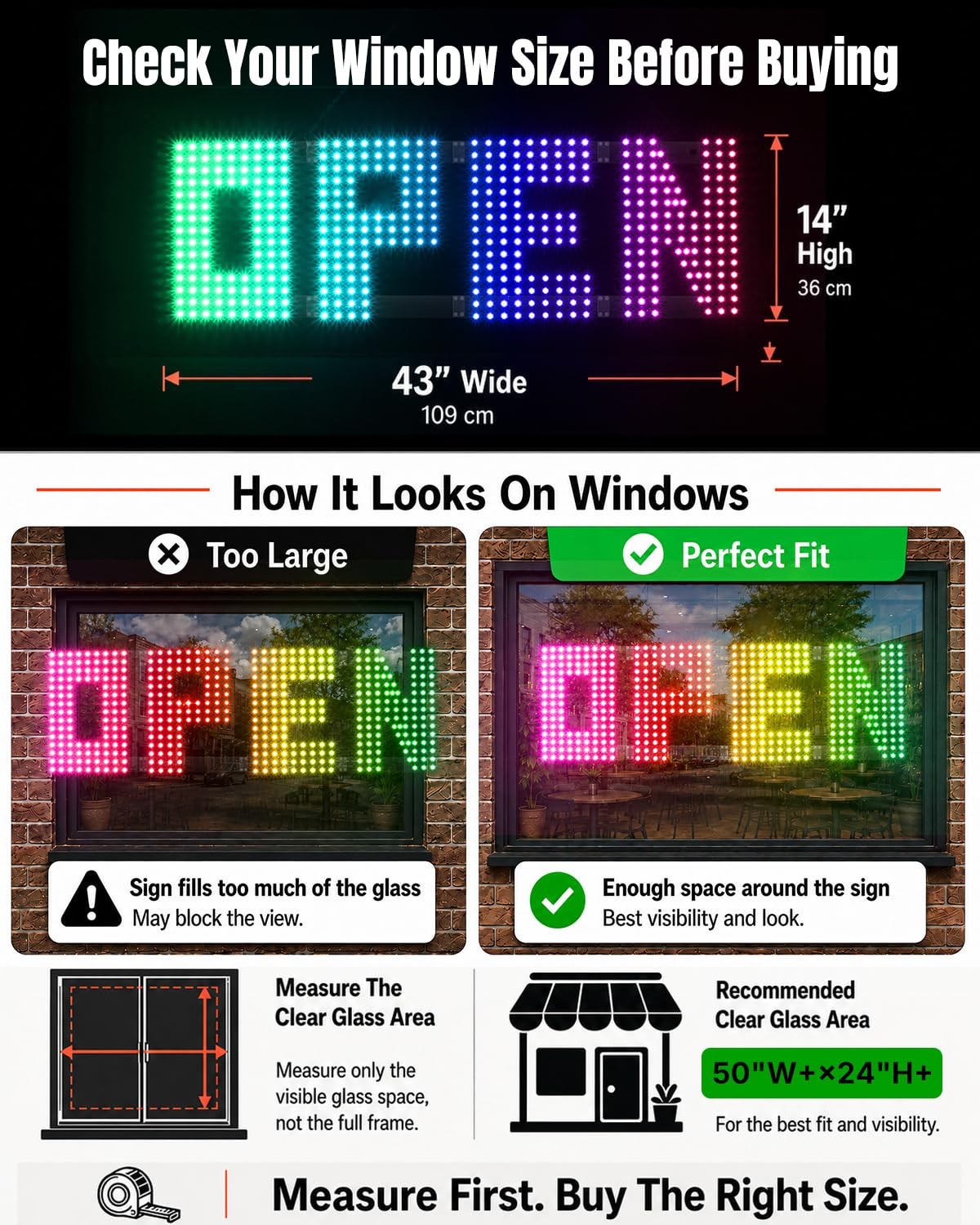 Large 43&Prime; x 14&Prime; RGB LED Open Sign for Business with App & Remote Control