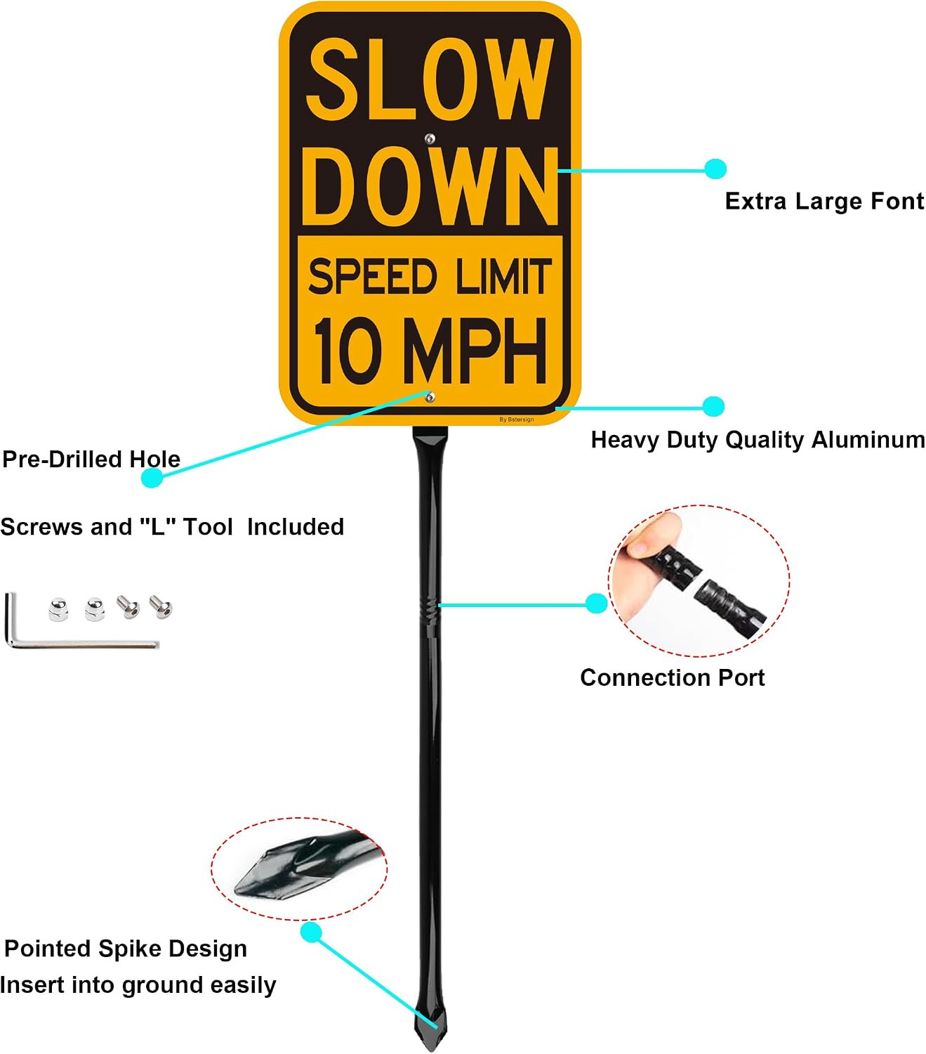 2Pack Slow down Speed Limit 10MPH Sign with 36 Inch Heavy Metal Stake, 14 X 10 I