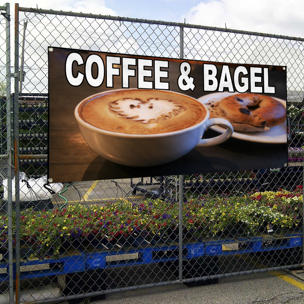 Vinyl Banner Multiple Sizes Coffee and Bagel Food Fair Restaurant Cafe Market