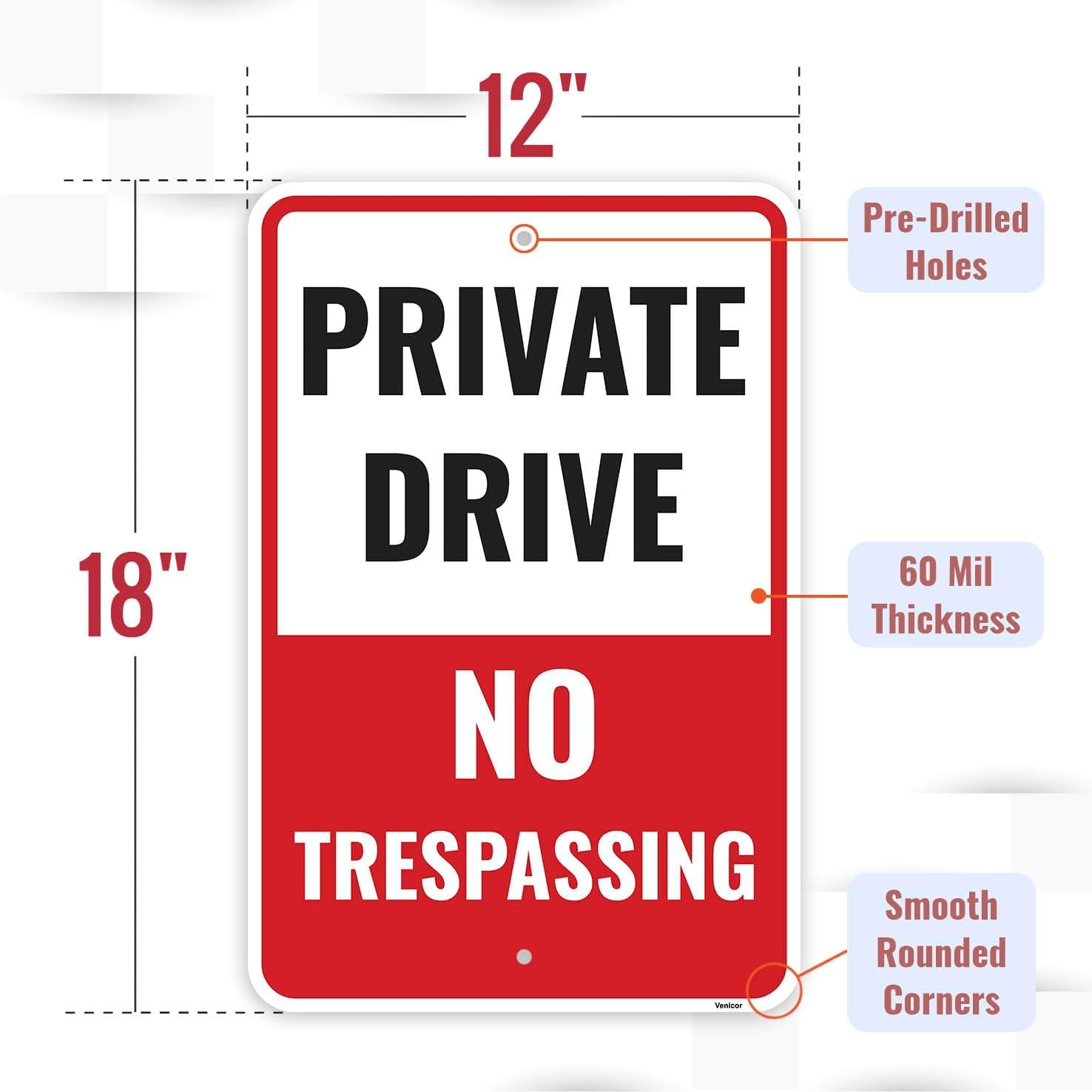 2 Pcs Private Drive No Trespassing Large Signs, 18 x 12 Inches – Aluminum Sign