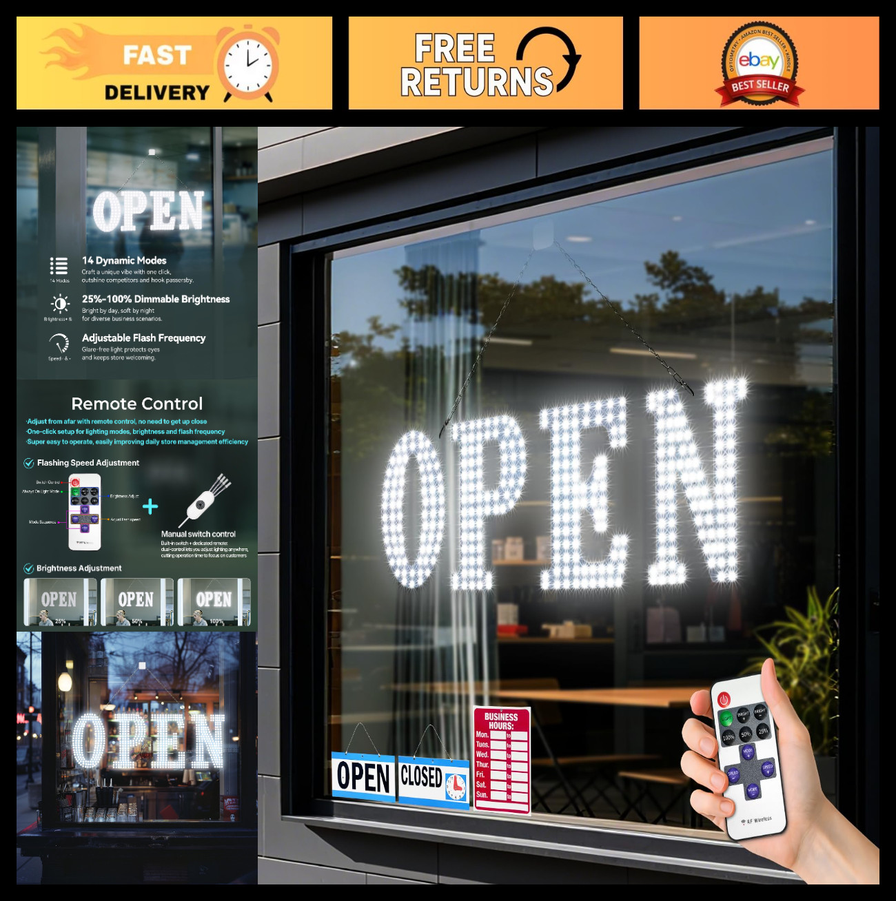 Large LED Open Sign for Business – 30&Prime;x10&Prime; Bright Flashing Display, Remote, 14 M