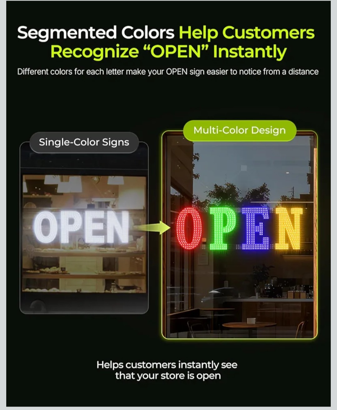 Multi-Color OPEN Sign, 40&Prime; x 14&Prime;, Adjustable Brightness & Flash Speed, Remote
