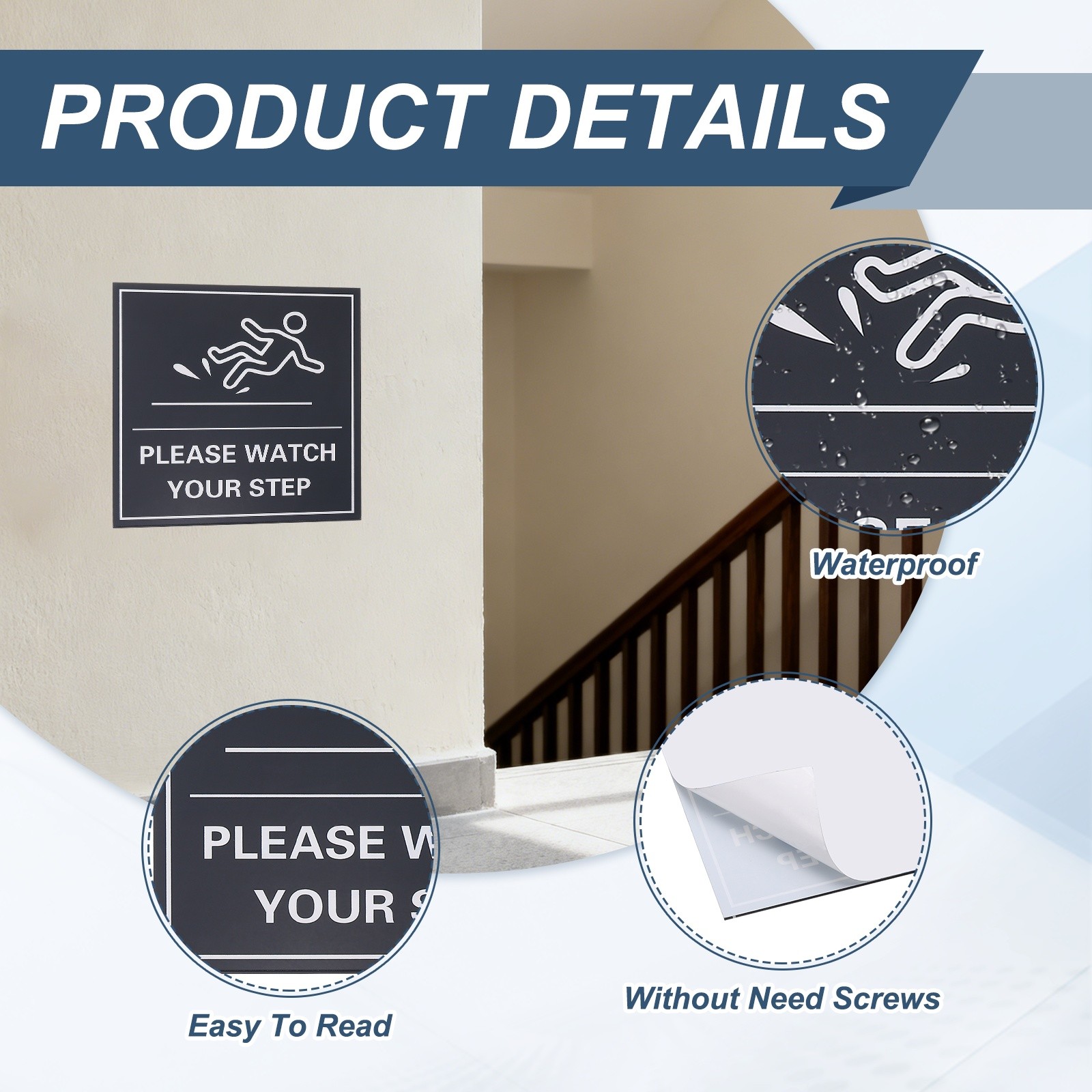 4&Prime; x 4&Prime; Please Watch Your Step Sign, 1 Pcs Warning Sign, Black with White Text