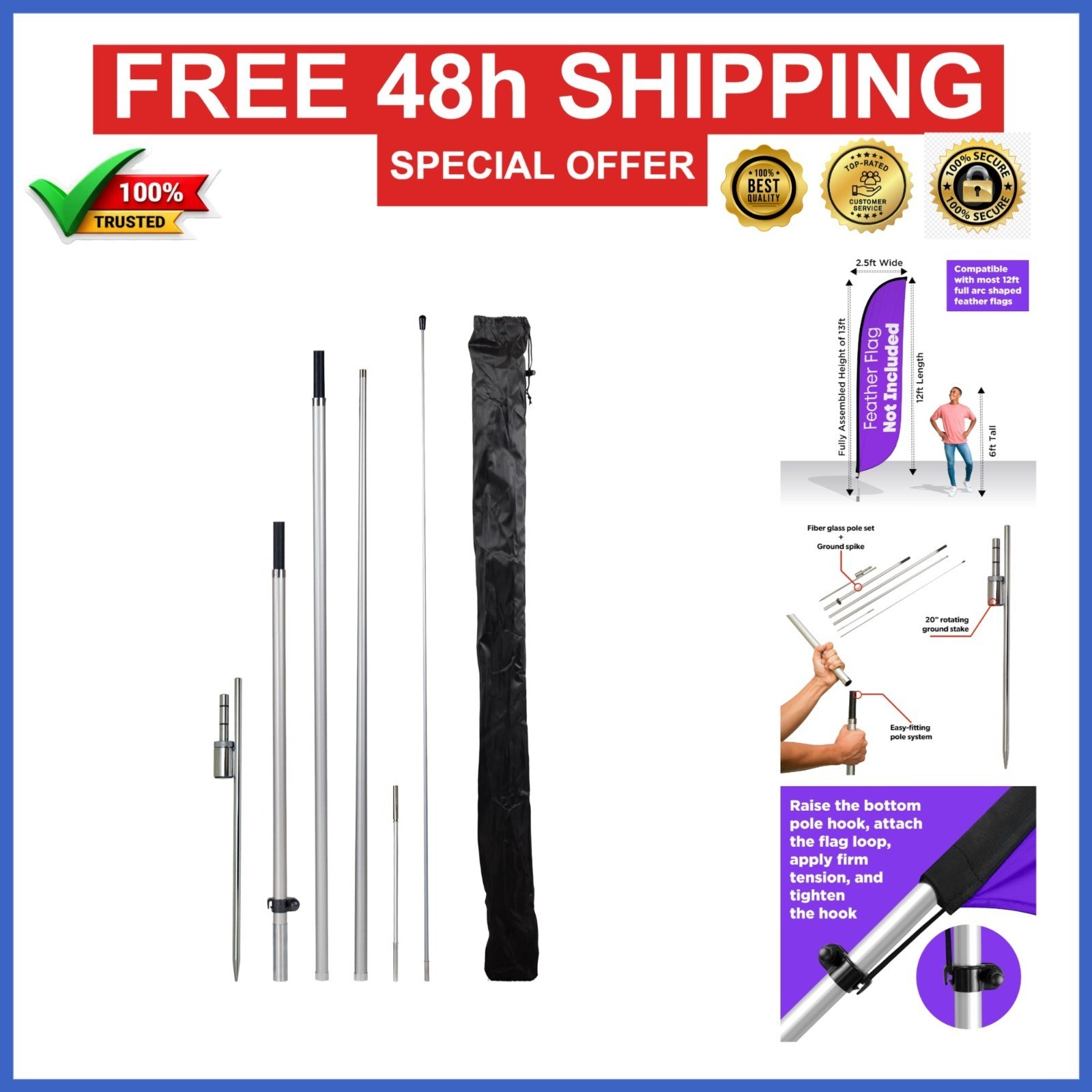 LookOurWay 13ft Feather Flag Pole Kit for Outdoor Advertising