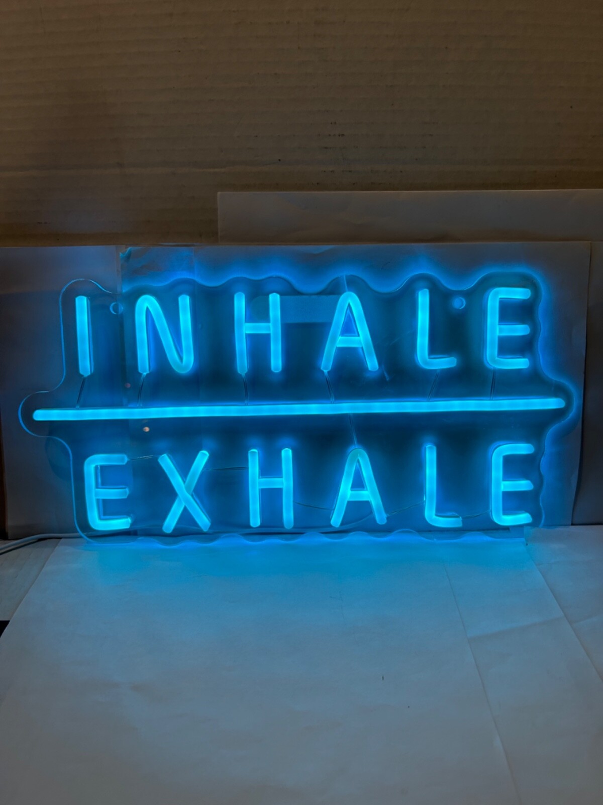 NEON SIGN 16” WIDE BY 7.5” TALL LT. BLUE NEON INHALE EXHALE SIGN MEDITATE RELAX