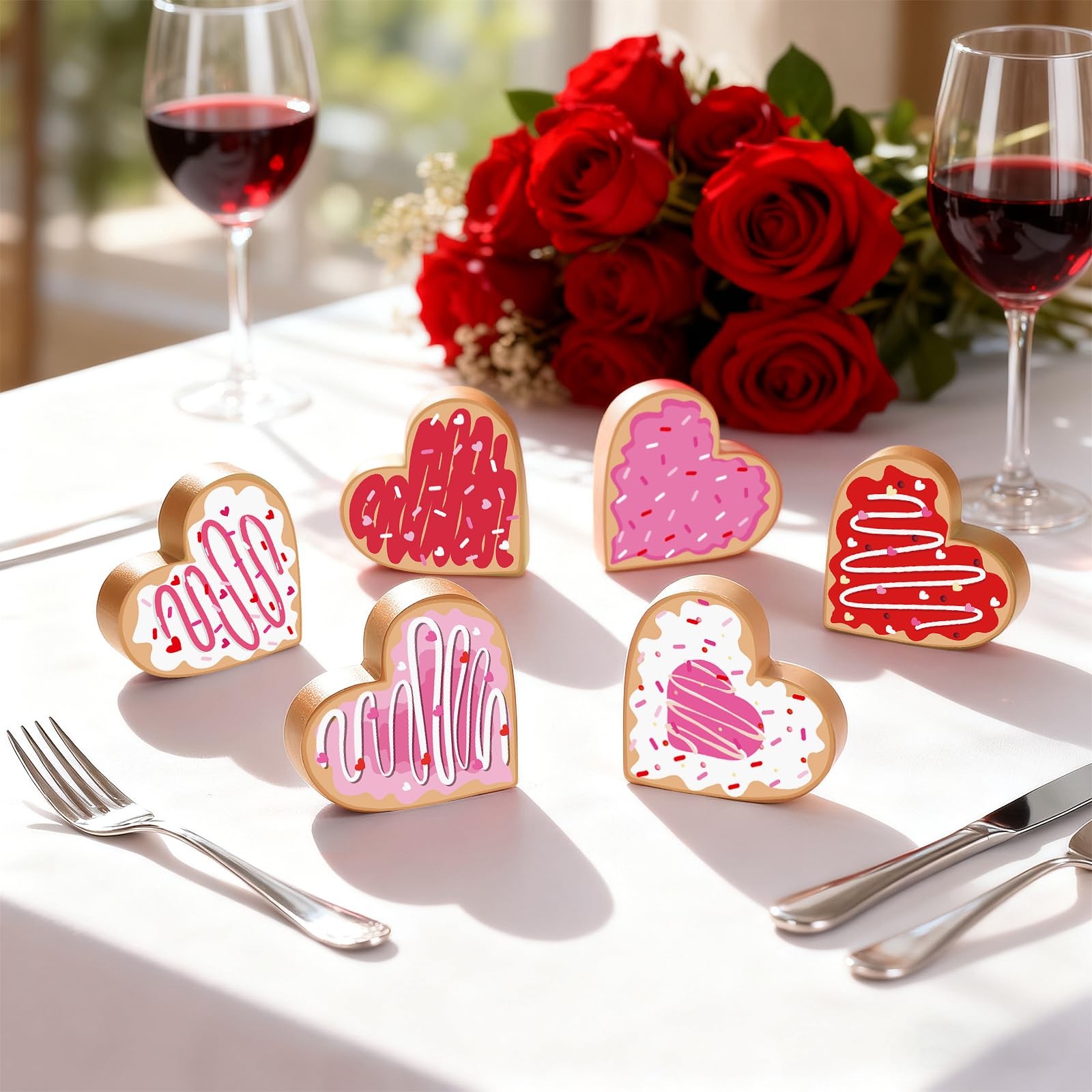 6 PCS Valentine Wooden Heart Table Centerpiece Double Sided Tray Decor