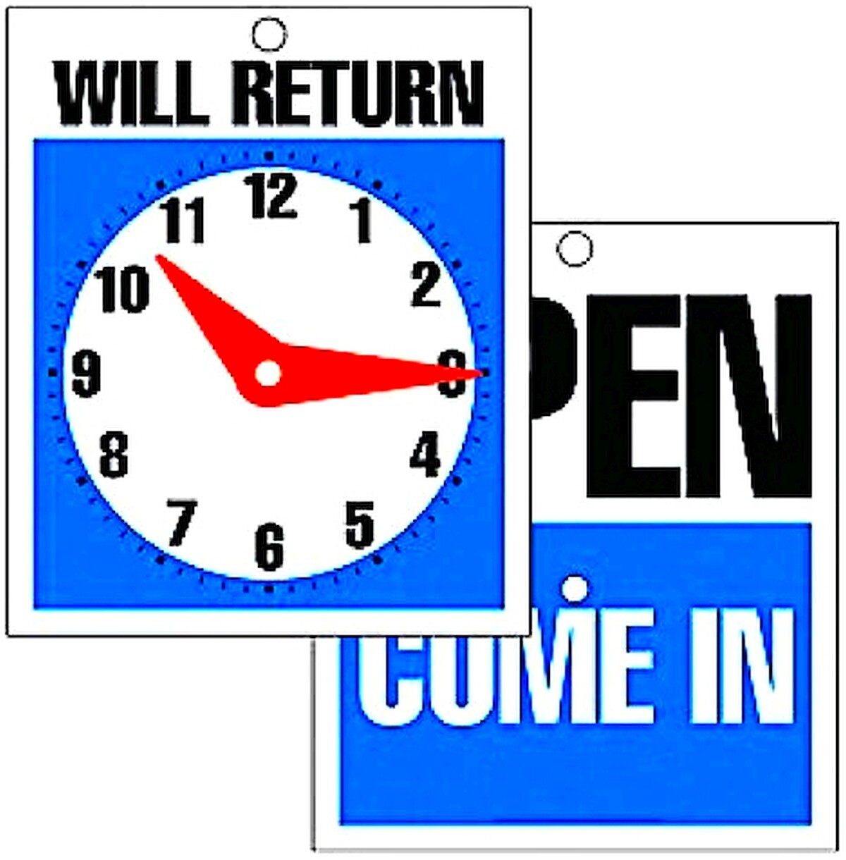 OPEN COME IN & CLOSED WILL RETURN plastic Sign w Hours CLOCK Hang in Door Window