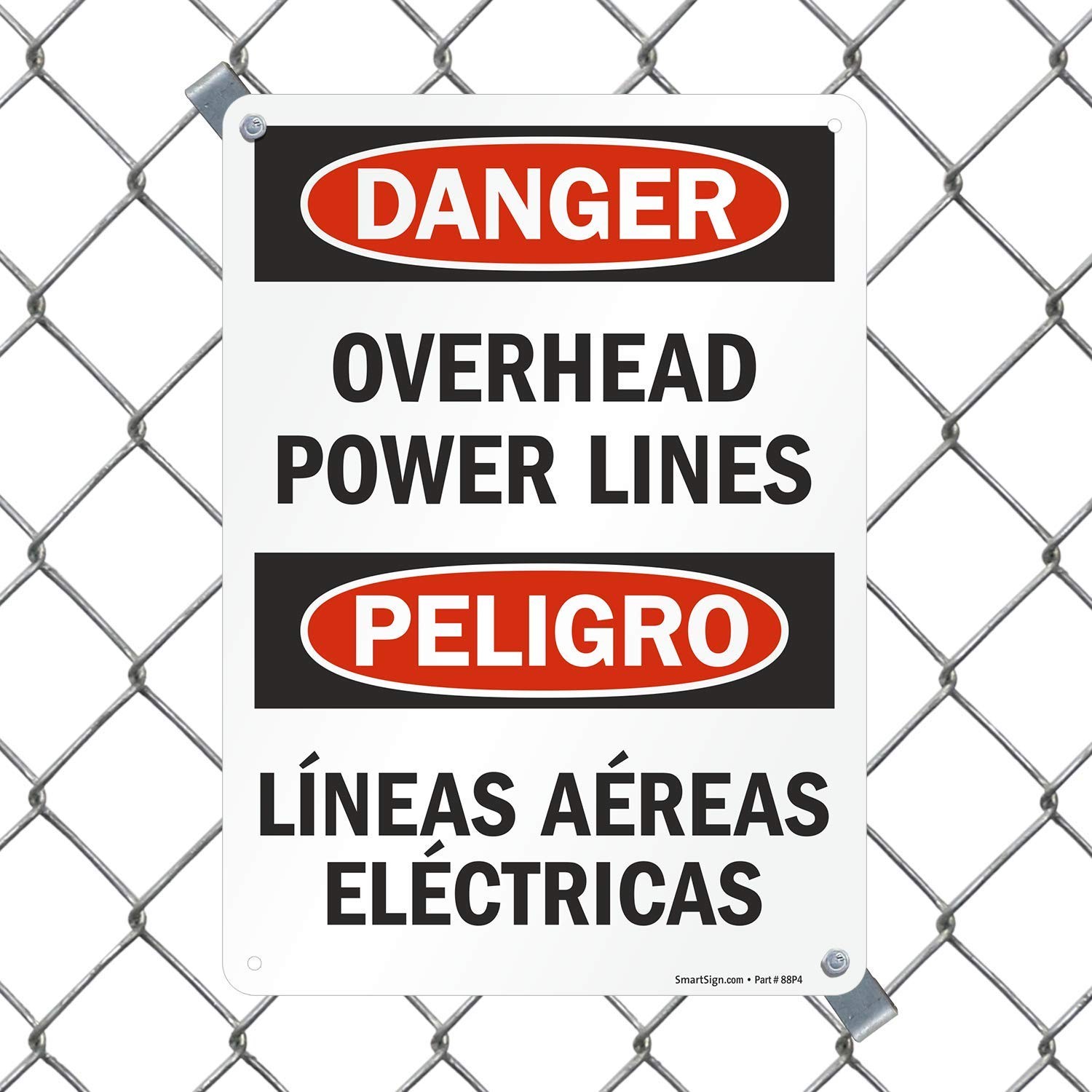 10×14 Inch Plastic Bilingual Sign Danger Overhead Power Lines Safety Warning