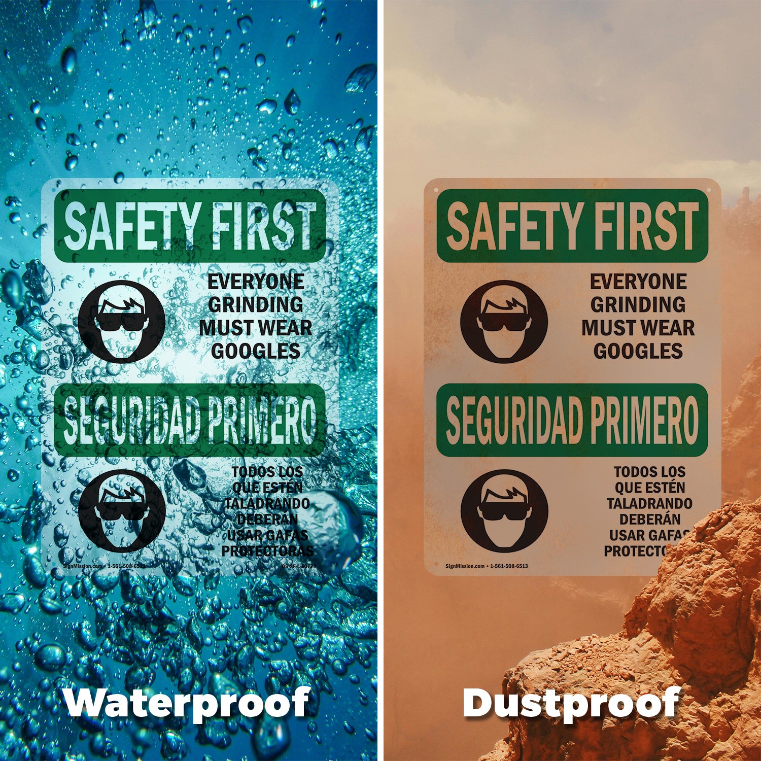 Everyone Grinding Bilingual OSHA SAFETY FIRST Sign Metal, Decal – 5 or 10 Pack