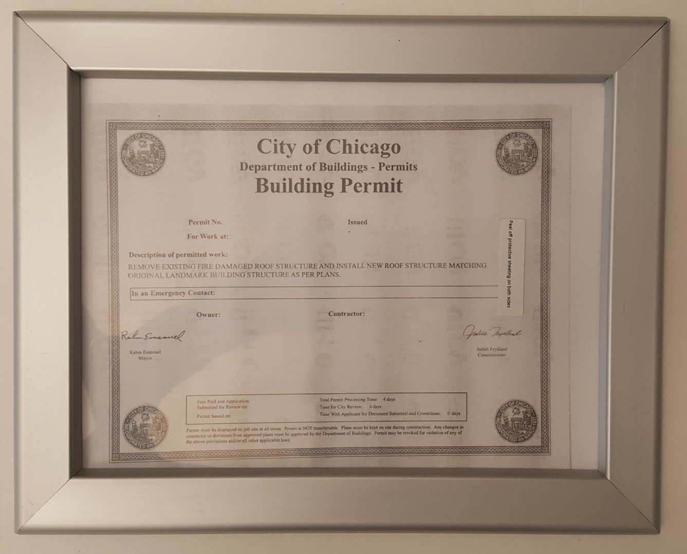 CITY OF CHICAGO BUILDING PERMIT FRAME 8.5 x 11 ( Heavy Duty)-REF24-1027
