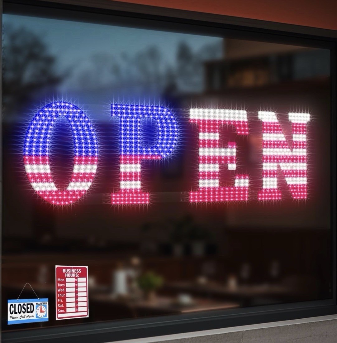 LED Open Signs For Business 30&Prime;X10&Prime; Ultra Bright Open Sign LED USA Flag Hanging